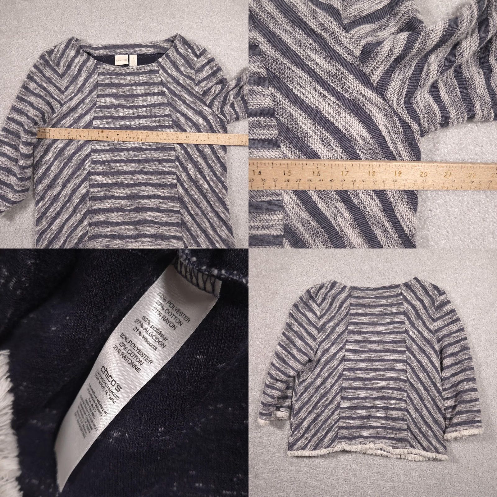 Vintage Chico's Sweater Womens Striped Knit 3/4 Sleeve Fringe Hem Crew Neck Pullover Gray White Medium? 1 Size XS / US 0-2 / IT 36-38 - 8 Thumbnail