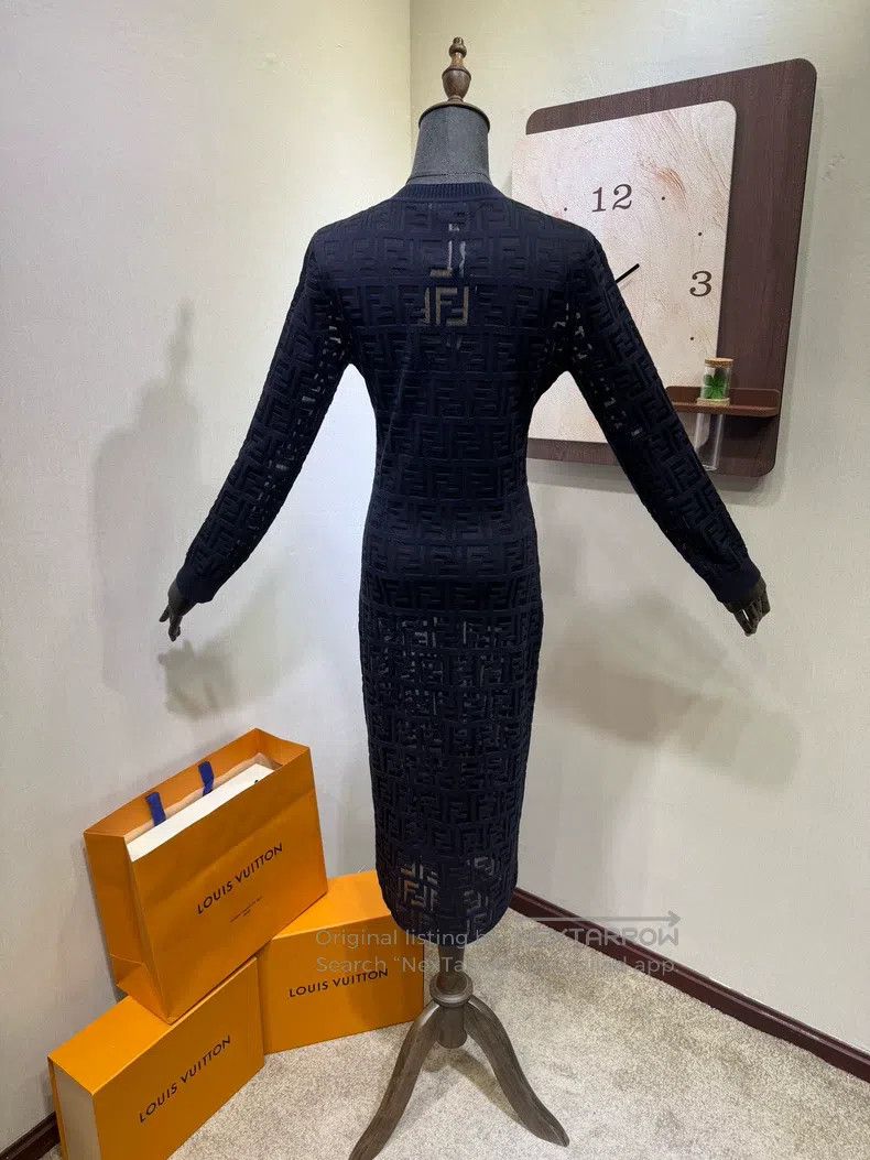Fendi Fendi All-over Printed Logo Navy Blue Openwork Dress Size XS / US 0-2 / IT 36-38 - 2 Thumbnail