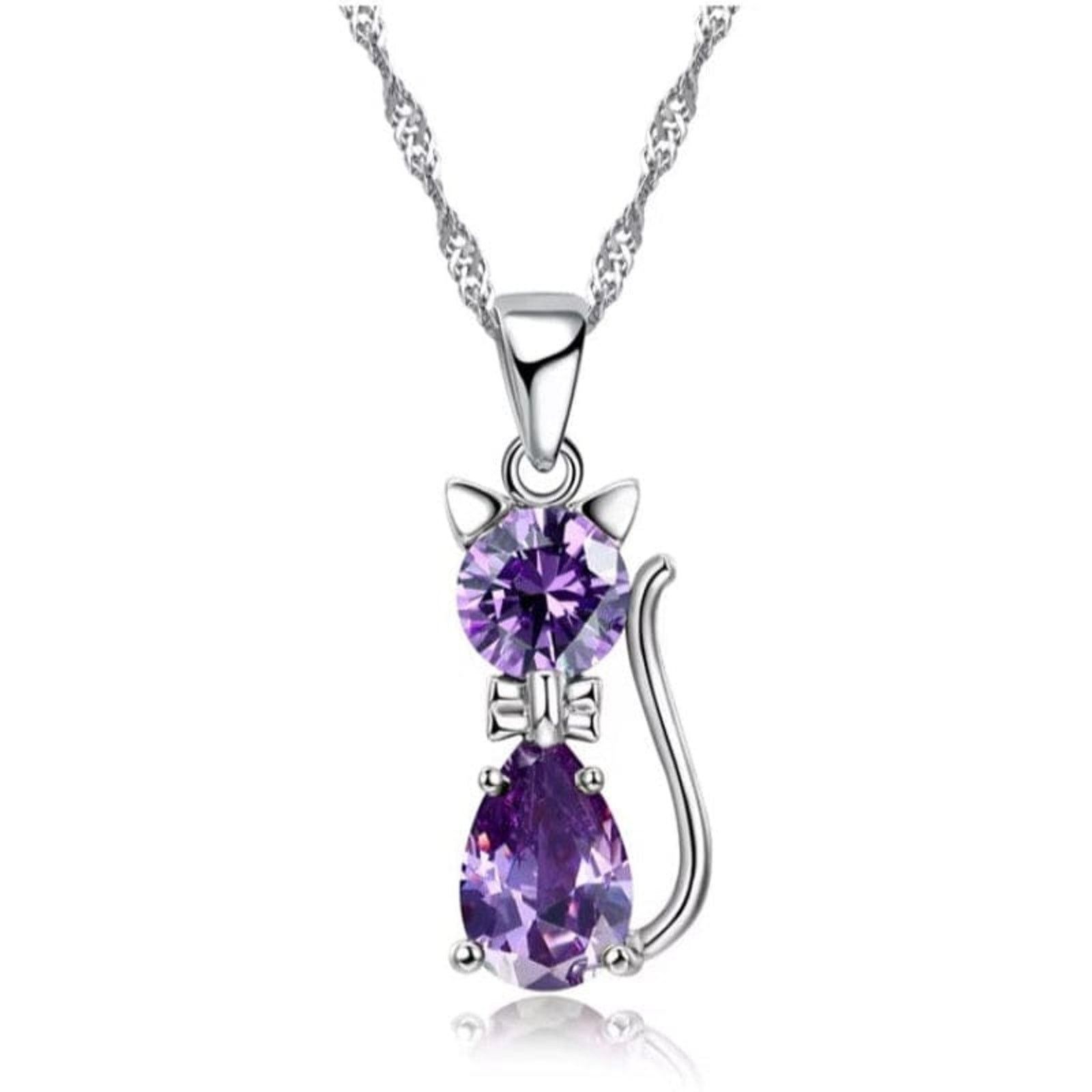 Designer PINK Crystal Cat Silver Necklace Cubic Zirconia Crystal Size ONE SIZE - 3 Thumbnail