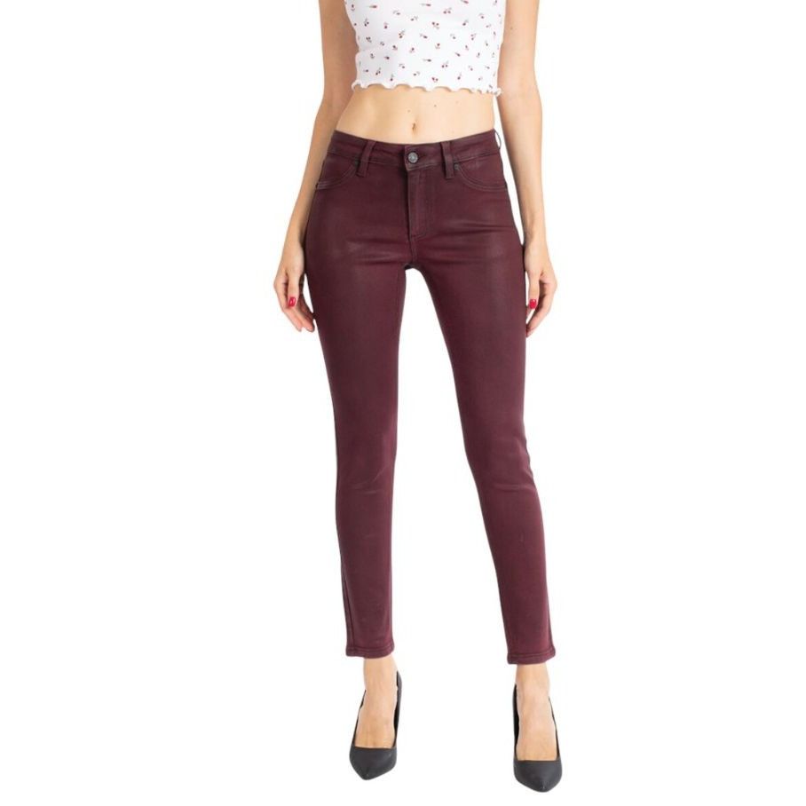 KanCan Mid Rise Coated Denim Ankle Skinny Jeans in Burgundy
