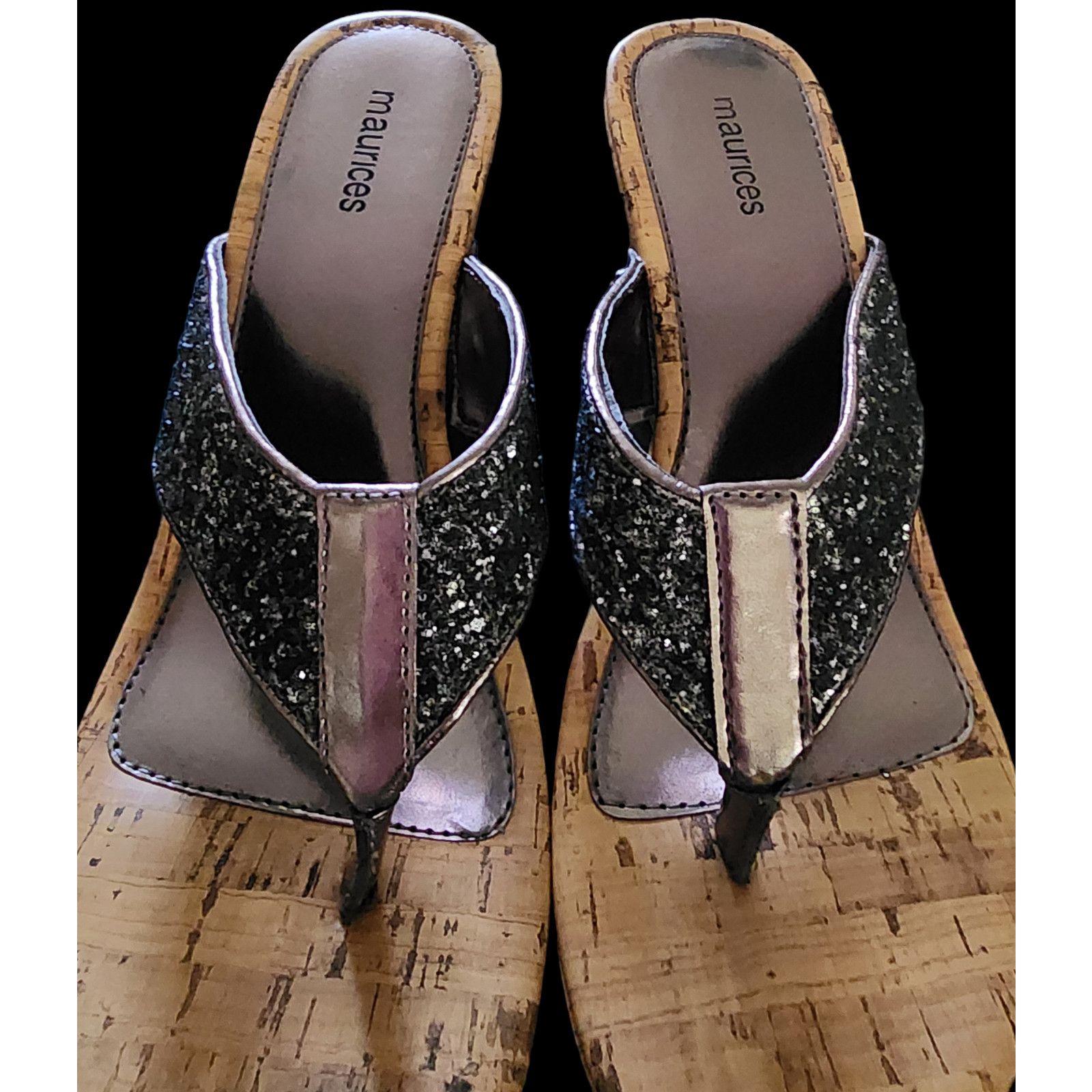 Maurice Lacroix Maurices wedge gunmetal gray glitter leather sandals size 11 Size US 11 / IT 41 - 3 Thumbnail