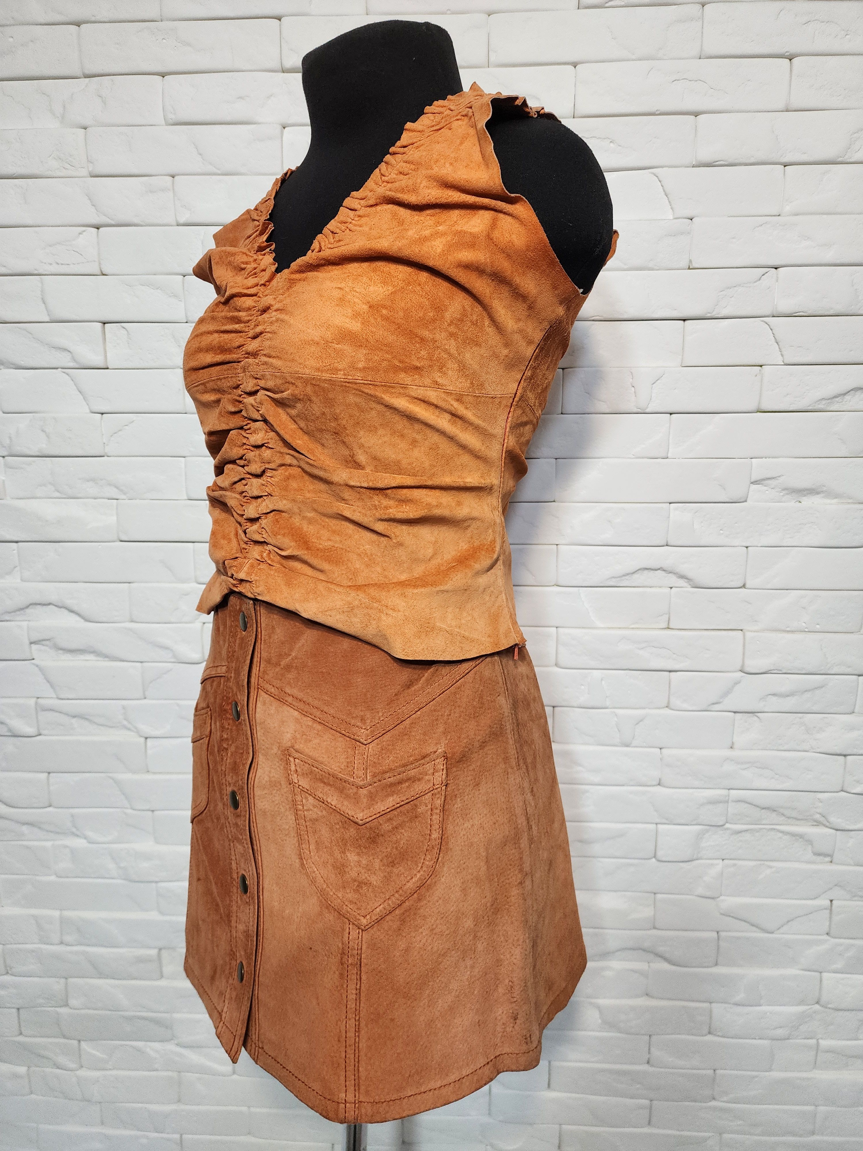 Genuine Leather Vintage Brown Leather Suit: Suede Vest & Skirt Size 29" - 2 Thumbnail