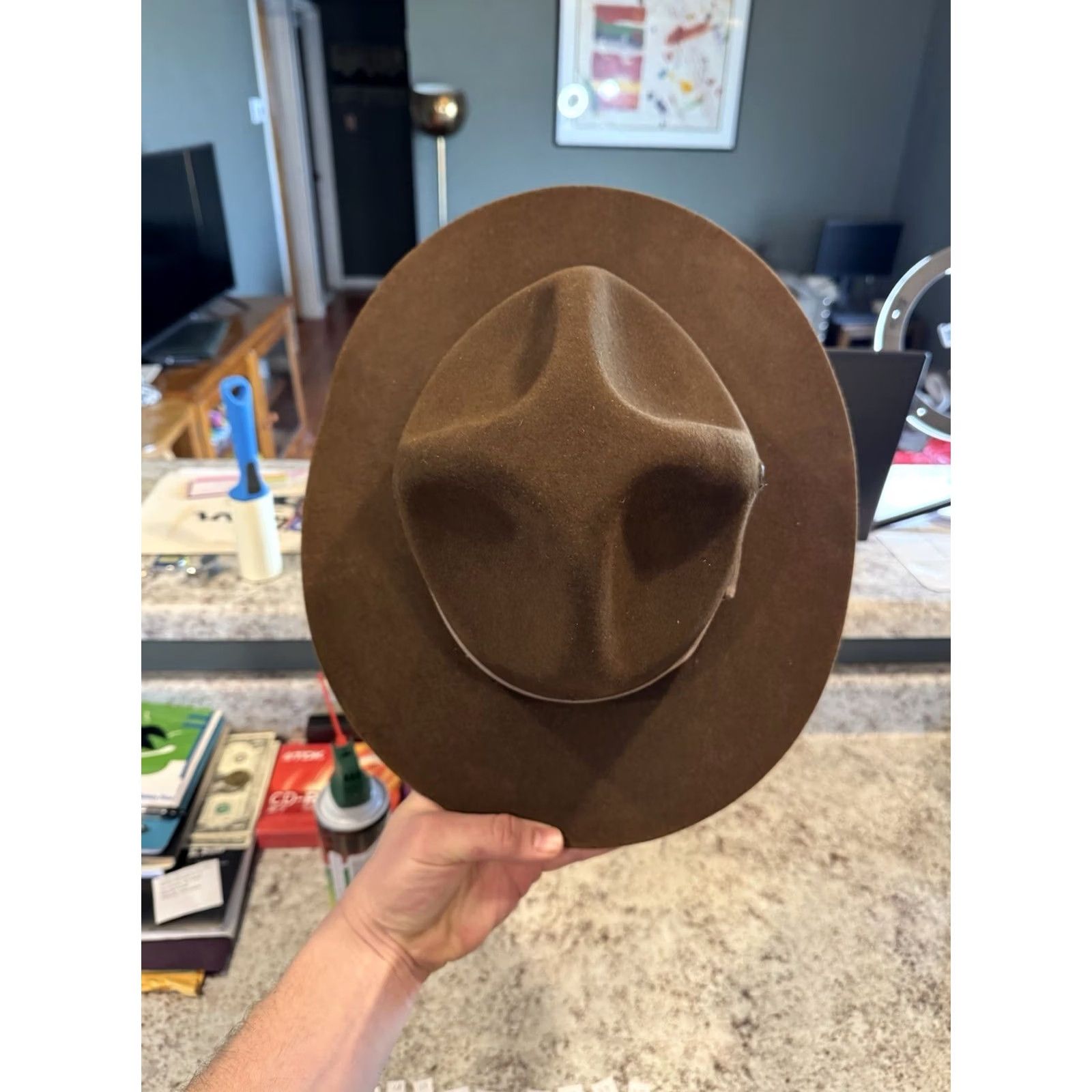 FELT VINTAGE Stratton Self Forming Drill Sergeant Instructor Wool Felt Hat 7 1/8 USA Hat Men 7 1/8 Brown Wool Felt Campaign Hat Wide Brim USA Straton Size ONE SIZE - 3 Thumbnail