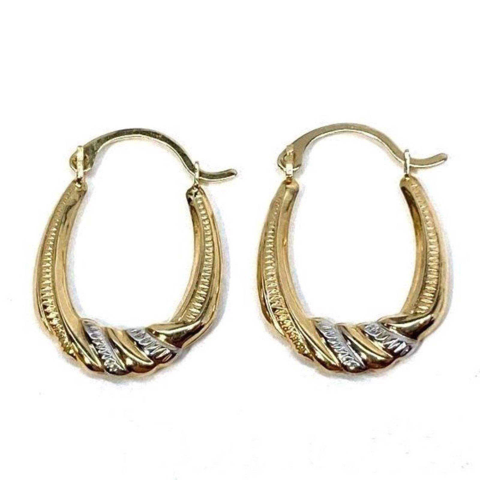 Vintage 14K Two Tone Gold Corrugated Oval Twist Hoop Earrings Size ONE SIZE - 11 Thumbnail