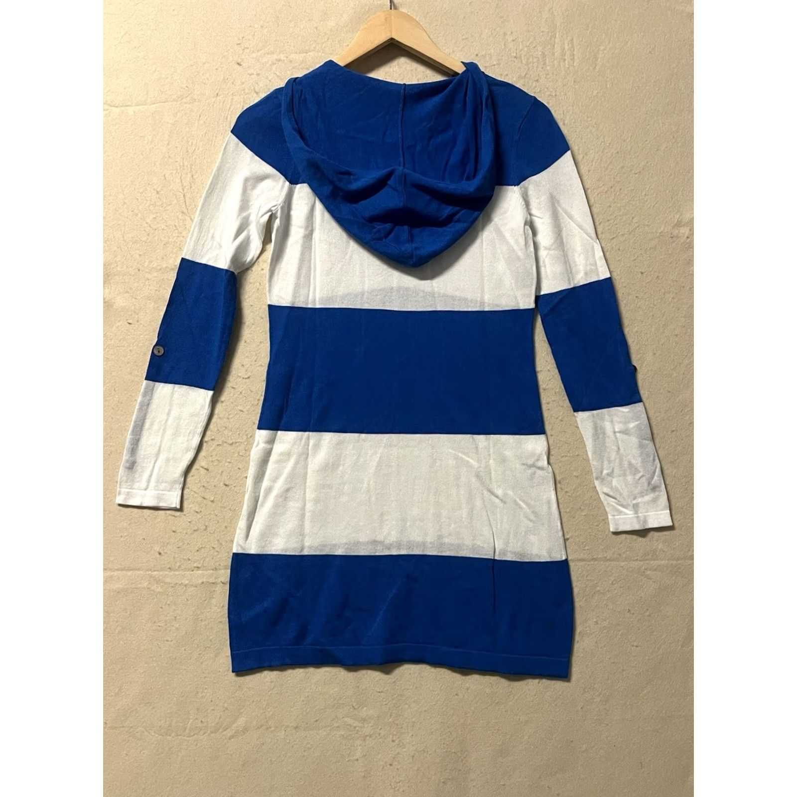 Tommy Bahama Tommy Bahama Sweater Dress Hoodie Striped Knee Length Blue XS Womens Roll Tab Sleeve Knit V-Neck Pullover Casual Party/Cocktail Travel Size XS / US 0-2 / IT 36-38 - 2 Thumbnail
