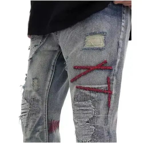 Japanese Brand Patched Distressed Embroidery Blue Denim Jeans Size US 30 / EU 46 - 4 Thumbnail