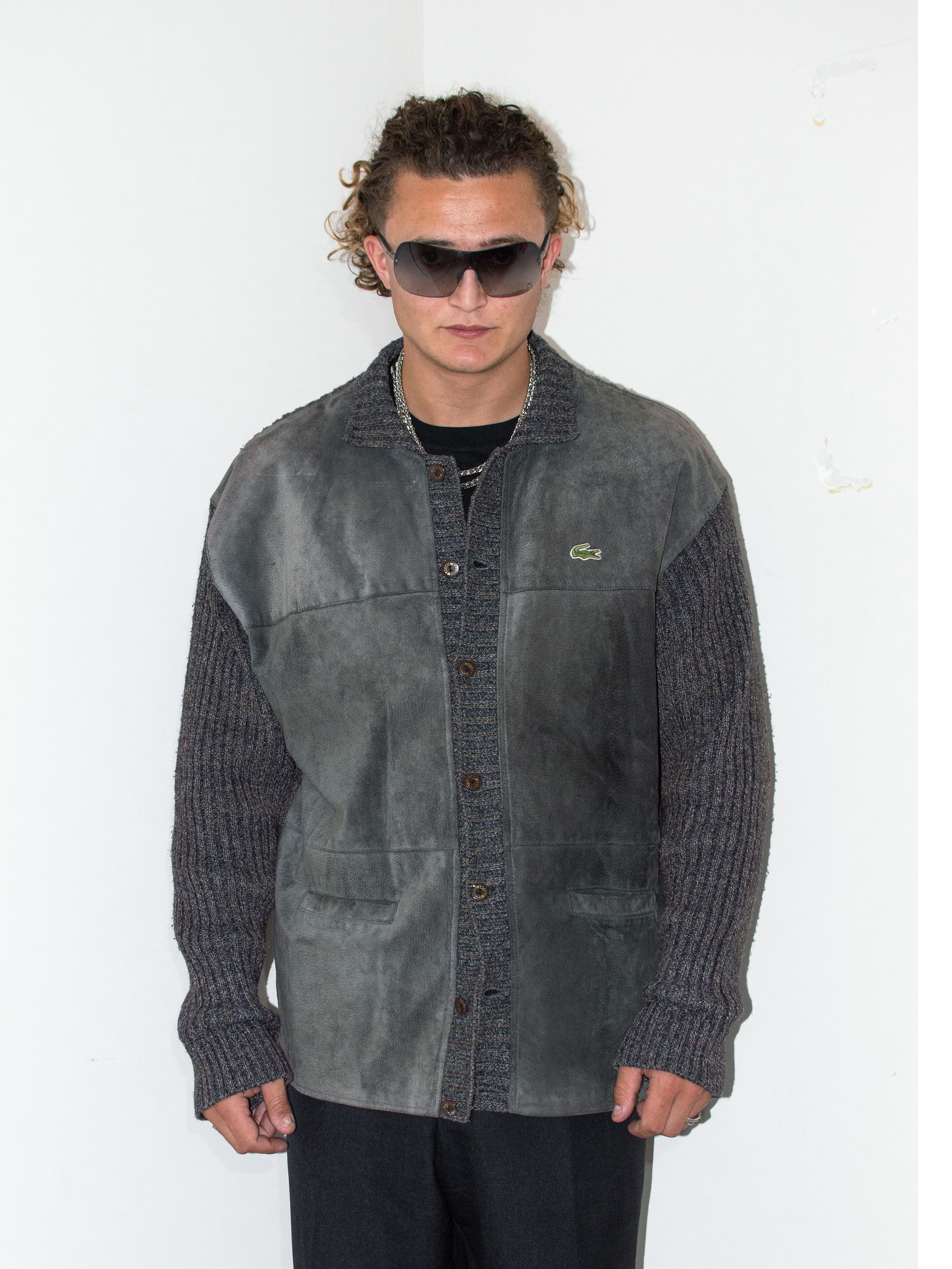 Designer × Lacoste × Vintage Vintage 90s Grey Khaki Pork Leather Lacoste Cardigan Size US XL / EU 56 / 4 - 1 Thumbnail