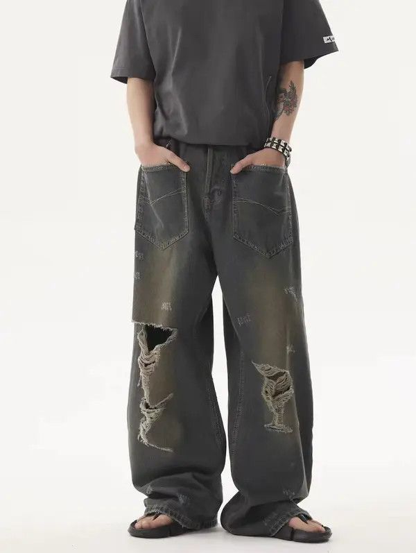 Japanese Brand VIBE Reverse pocket washed ripped heavyweight baggy jeans Size US 34 / EU 50 - 1 Thumbnail