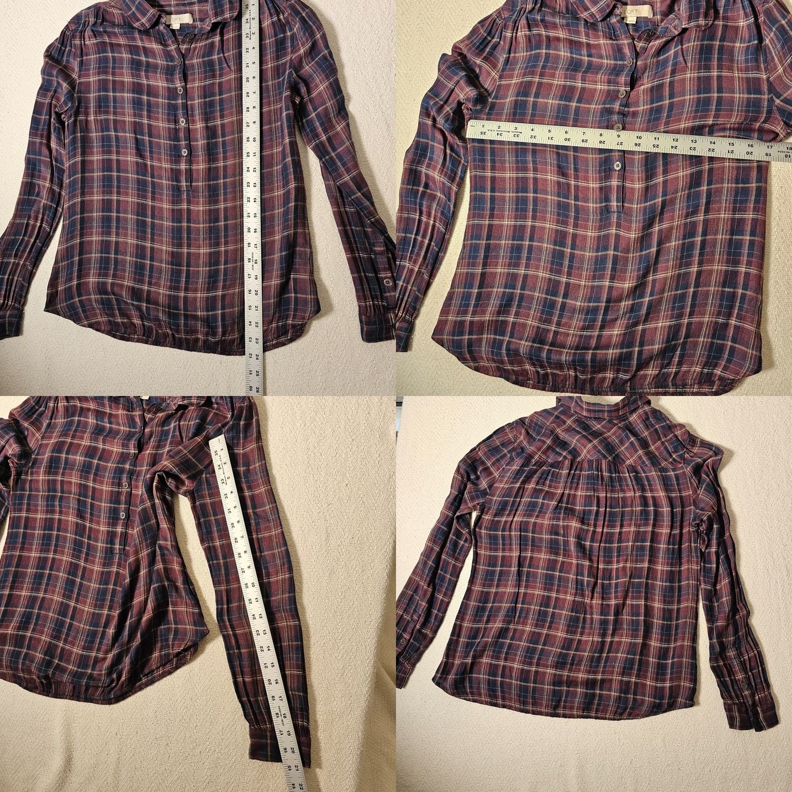 Loft Loft Blouse Shirt Tunic Long Sleeve Purple Plaid Button 1/2 Zip? Wait: No zip. Use pullover closure. Size M / US 6-8 / IT 42-44 - 8 Thumbnail