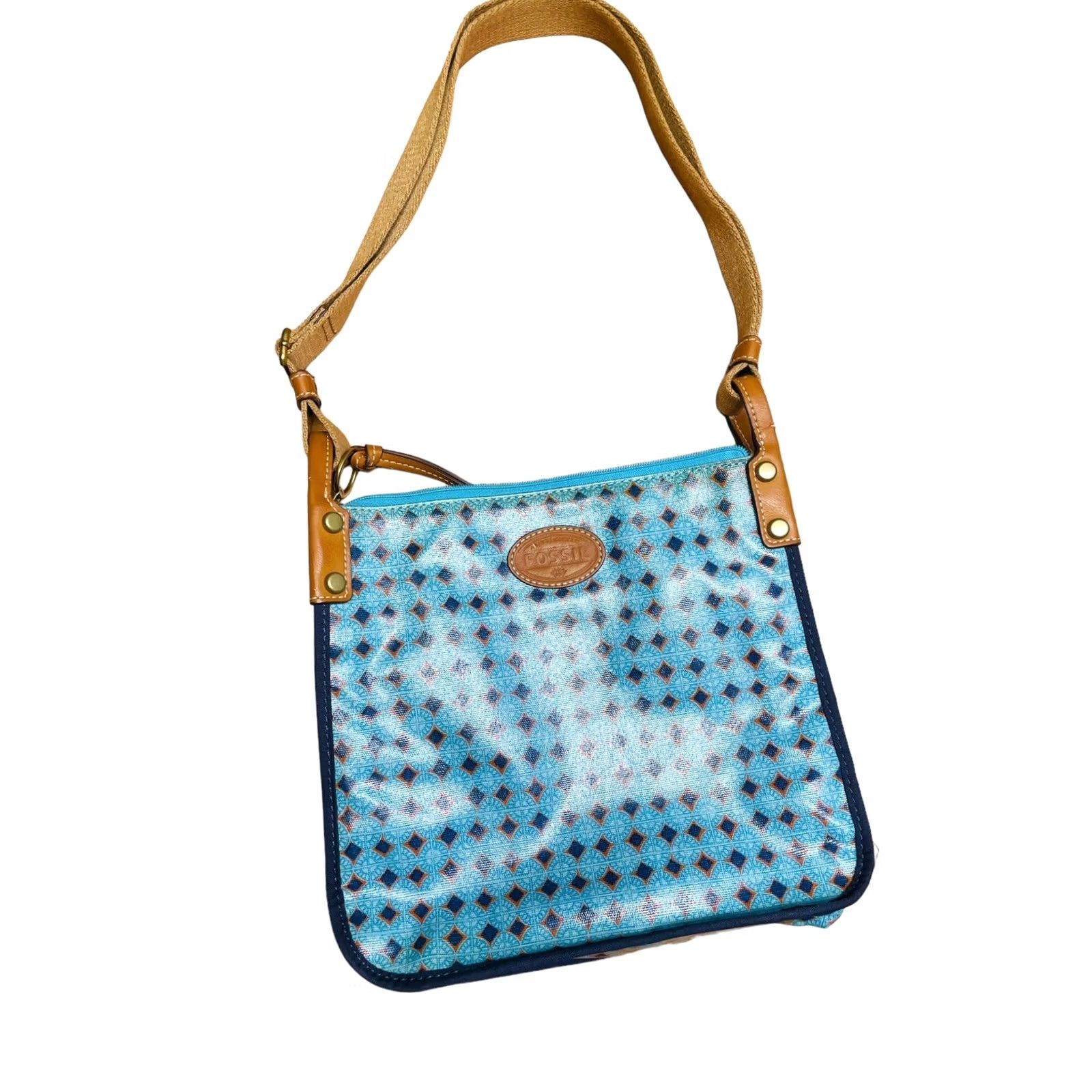Fossil Fossil Kinley Crossbody Blue Crossbody Purse Women’s Vinyl Geometric Shape Tote Bag 90s Pattern Casual Travel Adjustable Strap Brown Hardware Size ONE SIZE - 2 Thumbnail