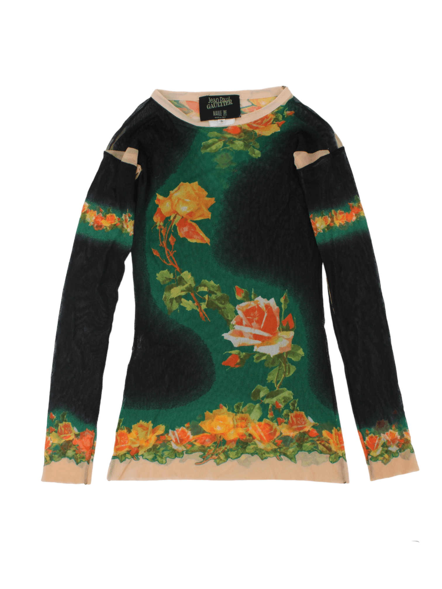 image of Jean Paul Gaultier Maille Femme Rose Floral Mesh Top in Black Green, Women's (Size Small)