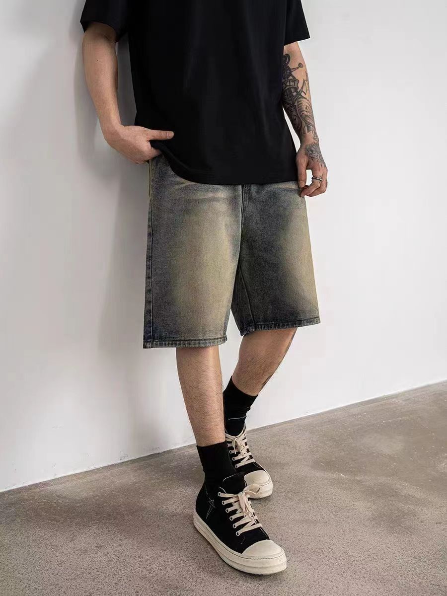 Retro mud dyed yellowed high street denim shorts