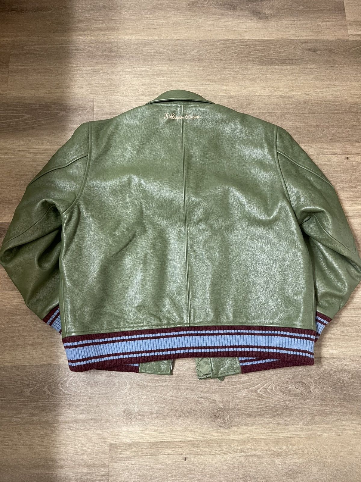 KidSuper PATCHWORK FACE LEATHER VARSITY JACKET [GREEN] Size US L / EU 52-54 / 3 - 5 Thumbnail