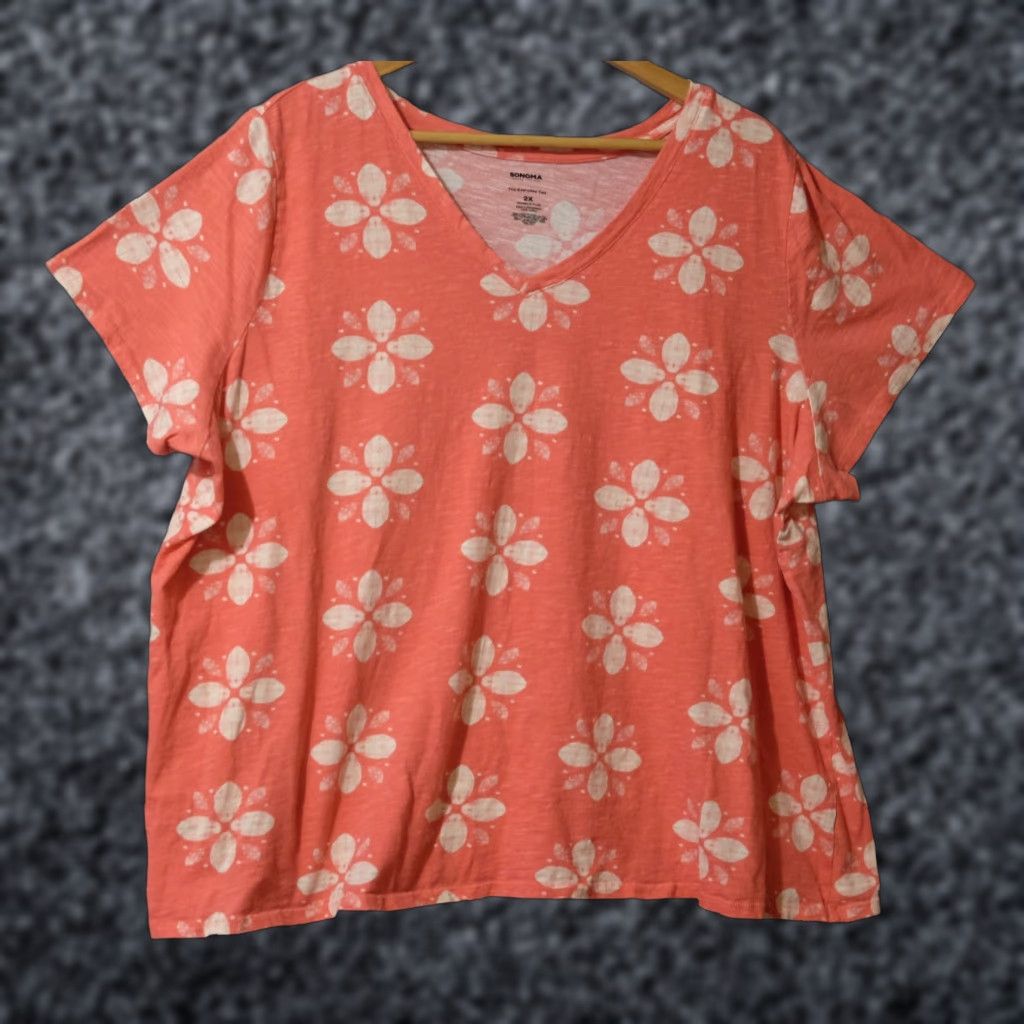 Vintage Sonoma Shirt Womens 2X Regular 100% Cotton Floral The Everyday Tee Watermelon Red/White V-Neck Short Sleeve Pullover Casual Basic Size XXL / US 16-18 / IT 52-54 - 1 Thumbnail