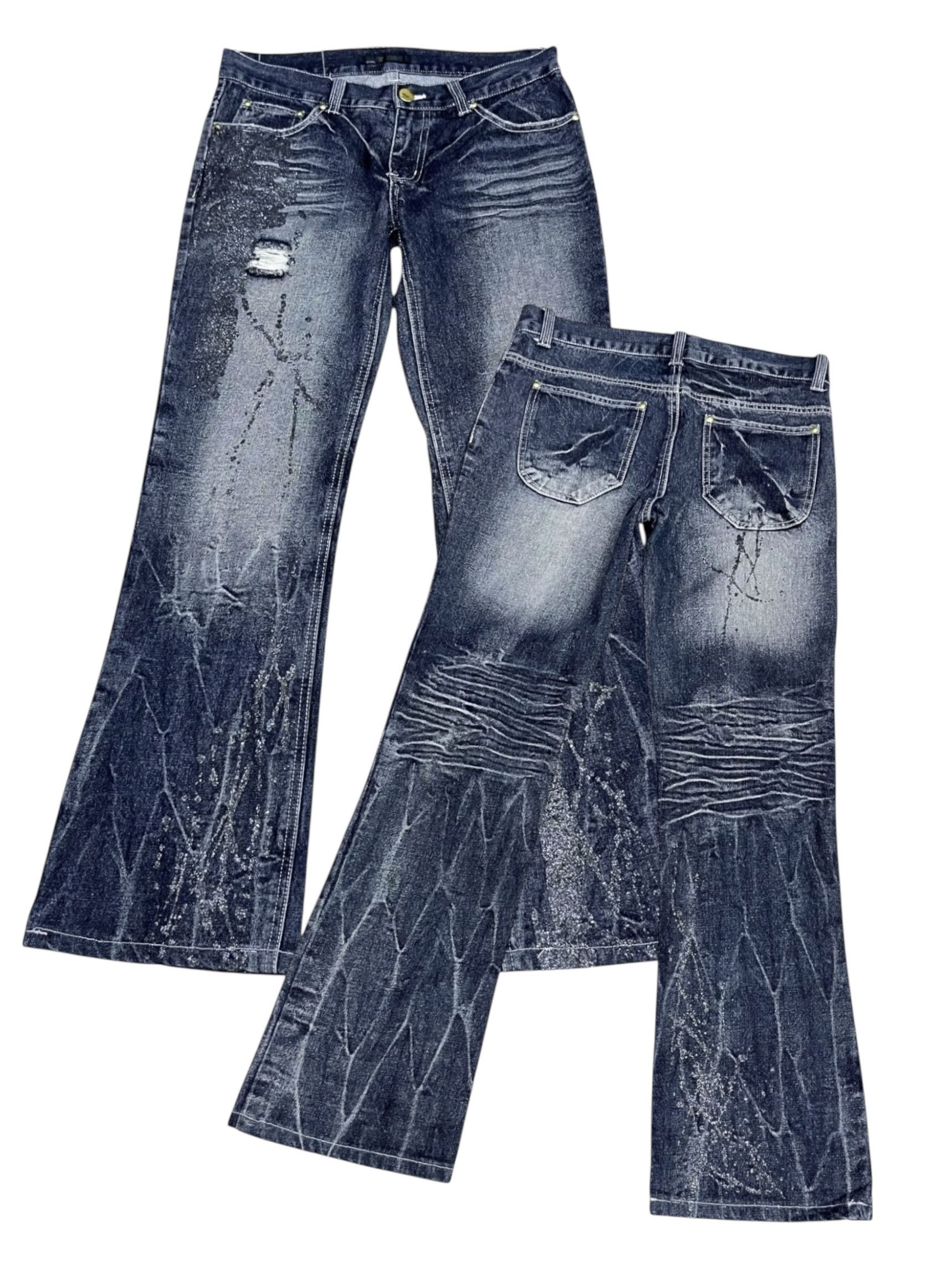 FYE🔥VTG BLACK BACCARA GLITTER SPLASH DISTRESSED FLARE JEANS