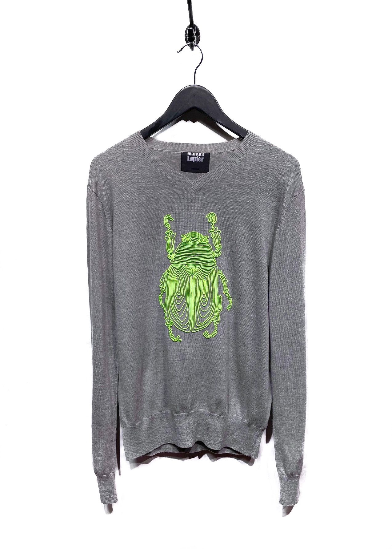 Markus Lupfer Markus Lupfer Grey Wool Sweater Neon Green Beetle Appliqué Size US M / EU 48-50 / 2 - 1 Thumbnail
