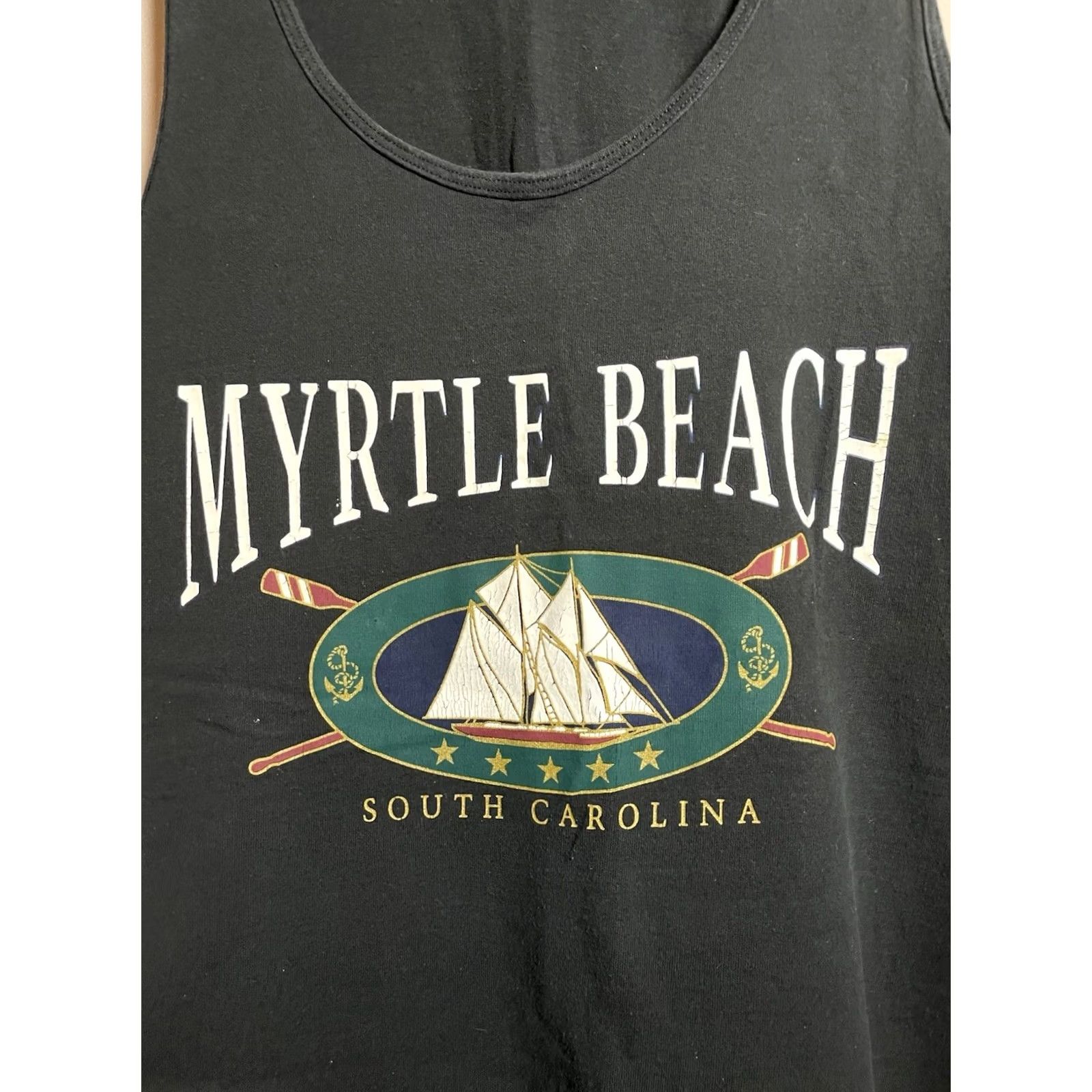 Vintage VINTAGE Myrtle Beach South Carolina Tank Top XL Unisex Adults Sleeveless Black Cotton 1990s Logo Graphic Print Beach 90s USA Tennessee River Gold Size US XL / EU 56 / 4 - 2 Thumbnail