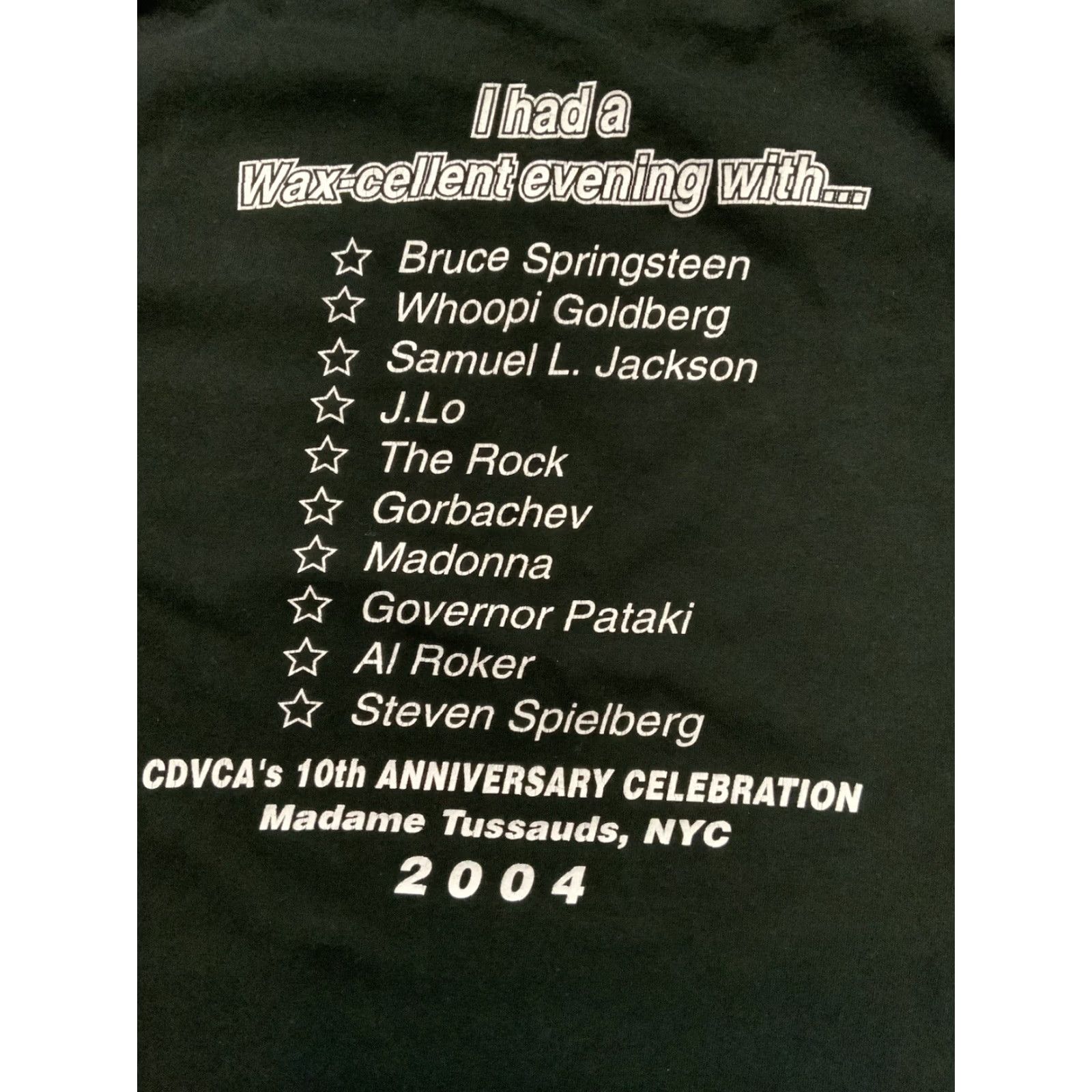 Jerzees VINTAGE 2004 CDVCA’s 10th Anniversary Madame Tussauds NYC Waxcellent Black T-Shirt Sz. L Mens Crew Neck Jerzees T-Shirt Size US L / EU 52-54 / 3 - 7 Thumbnail