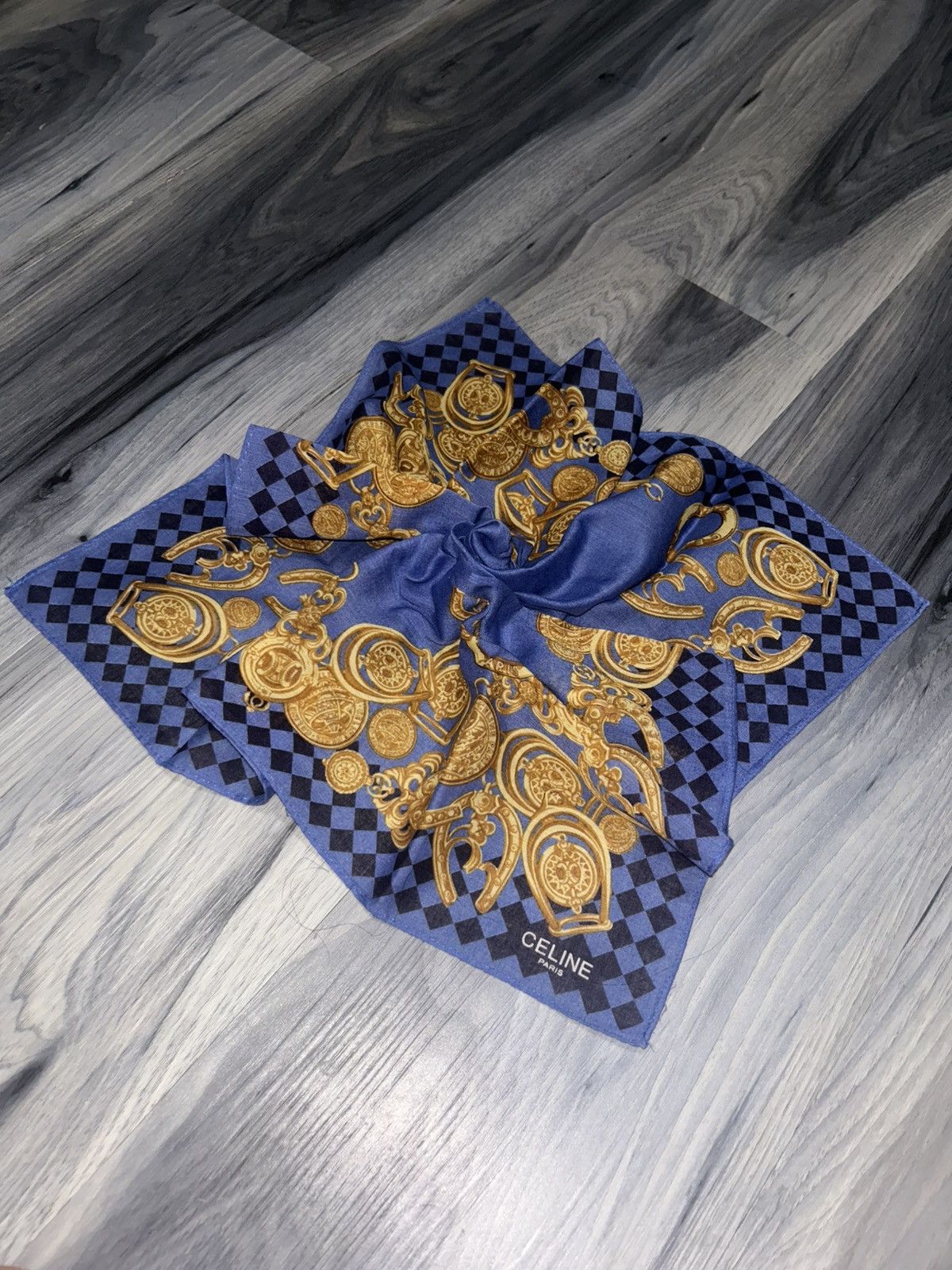 Celine Vintage Celine Blue Cotton Handkerchief with Gold Design Size ONE SIZE - 1 Thumbnail