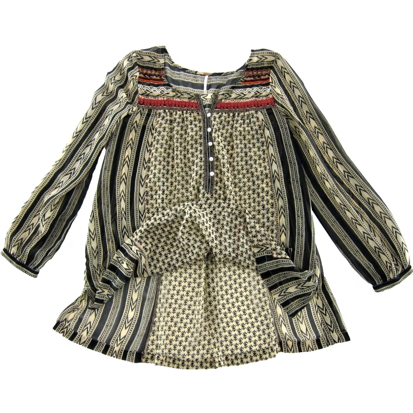 Free People Free People Brown Black Pink Beaded Sheer Pocket Long Sleeve Tunic Blouse Small Size S / US 4 / IT 40 - 4 Thumbnail