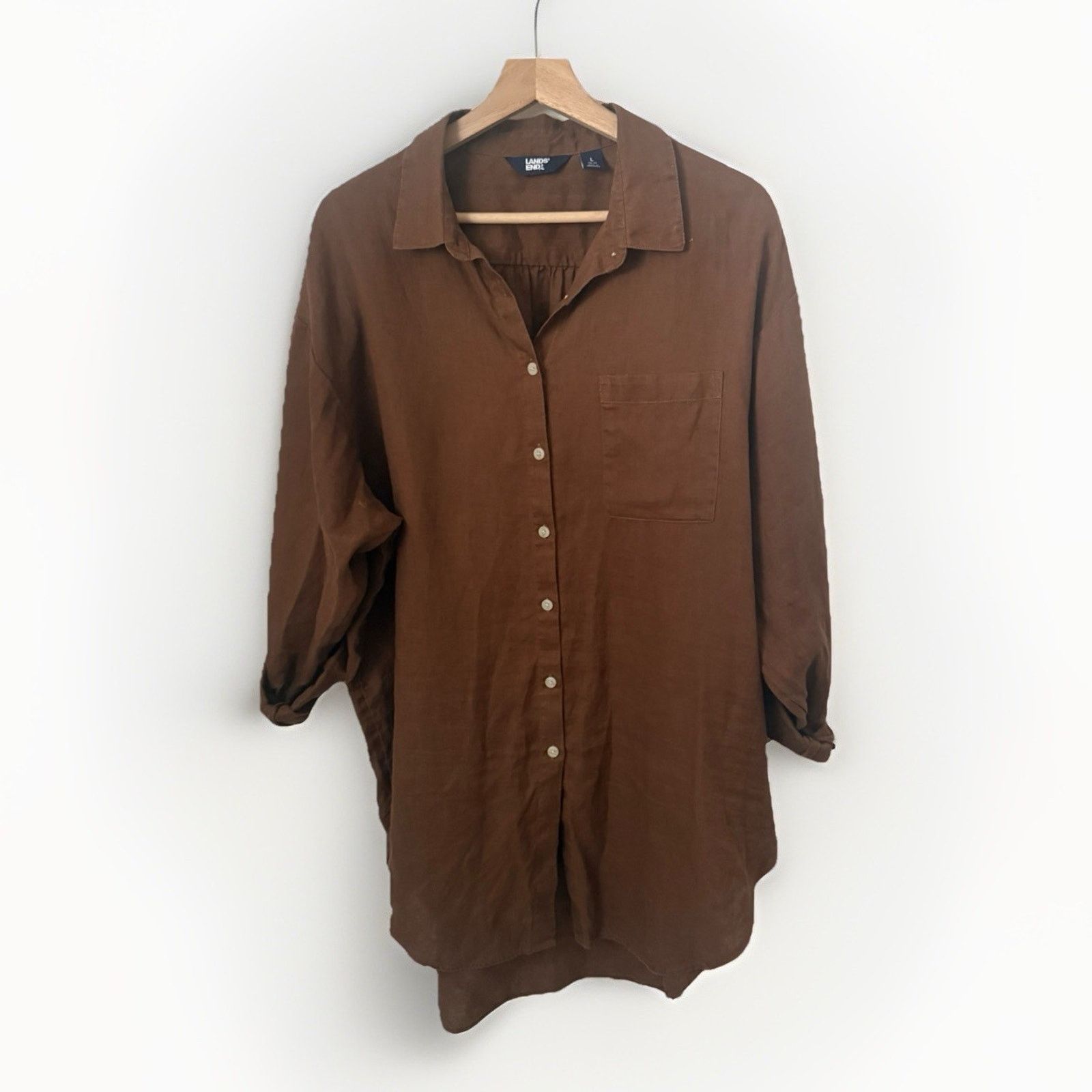 Lands' End Lands End Linen Relaxed Fit Long Sleeve Brown Tunic Woven Size L / US 10 / IT 46 - 1 Thumbnail