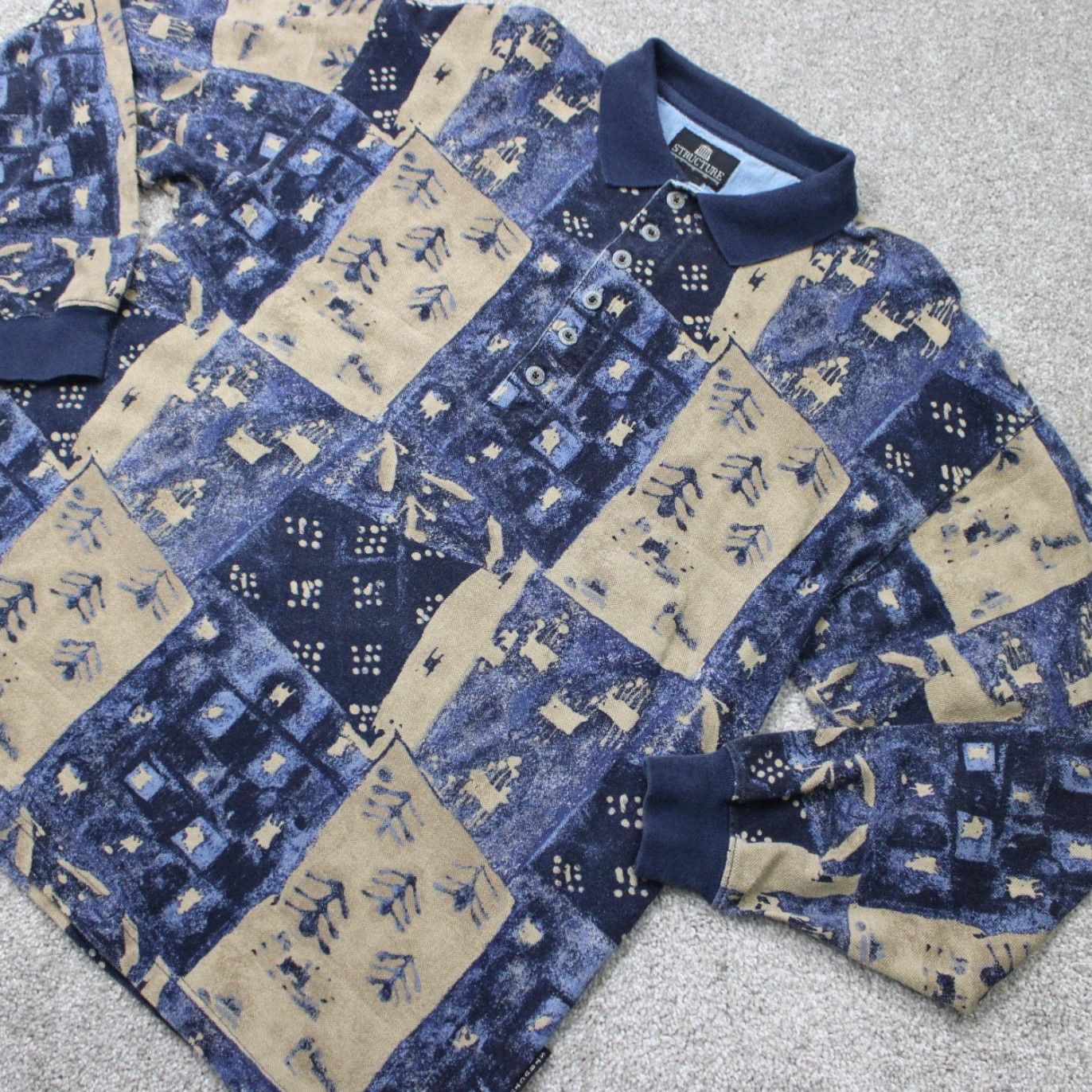 Vintage Structure Polo Shirt Mens Medium Blue/Tan Geometric 100% Cotton Long Sleeve Size US M / EU 48-50 / 2 - 4 Thumbnail