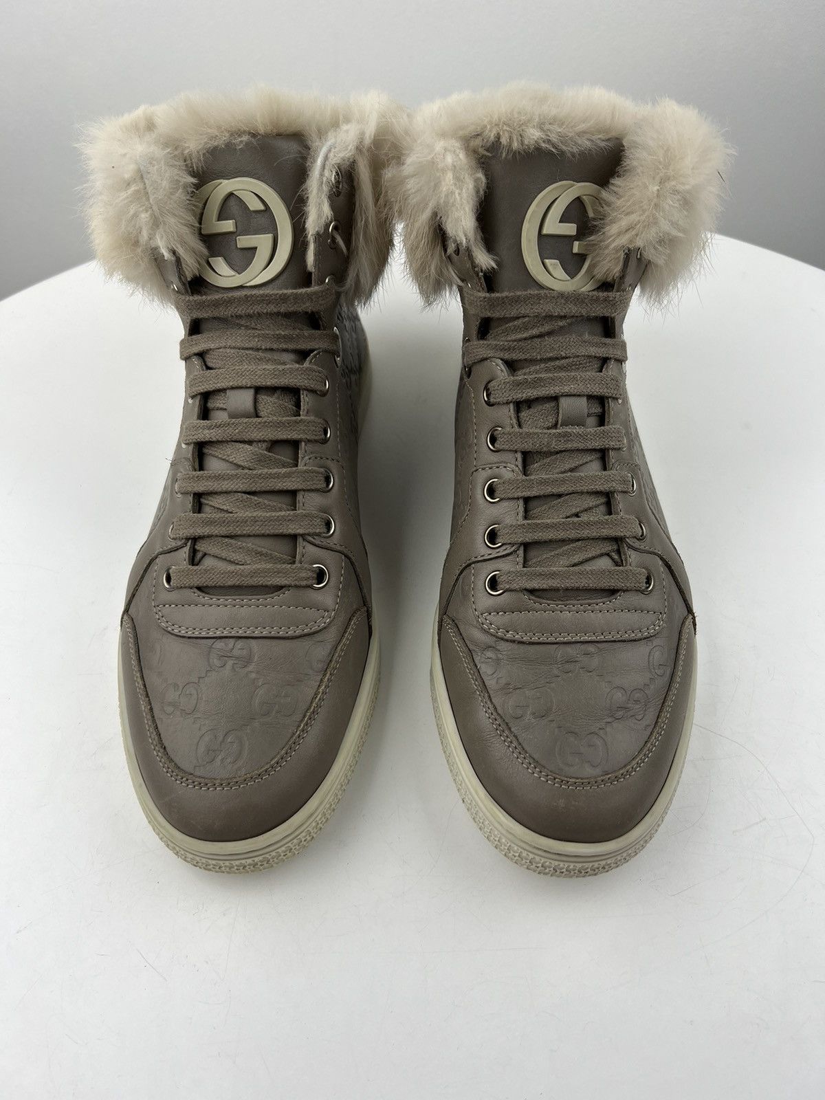 GUCCI Sneakers Leather Shoes GG Logo Guccissima Fur Trim