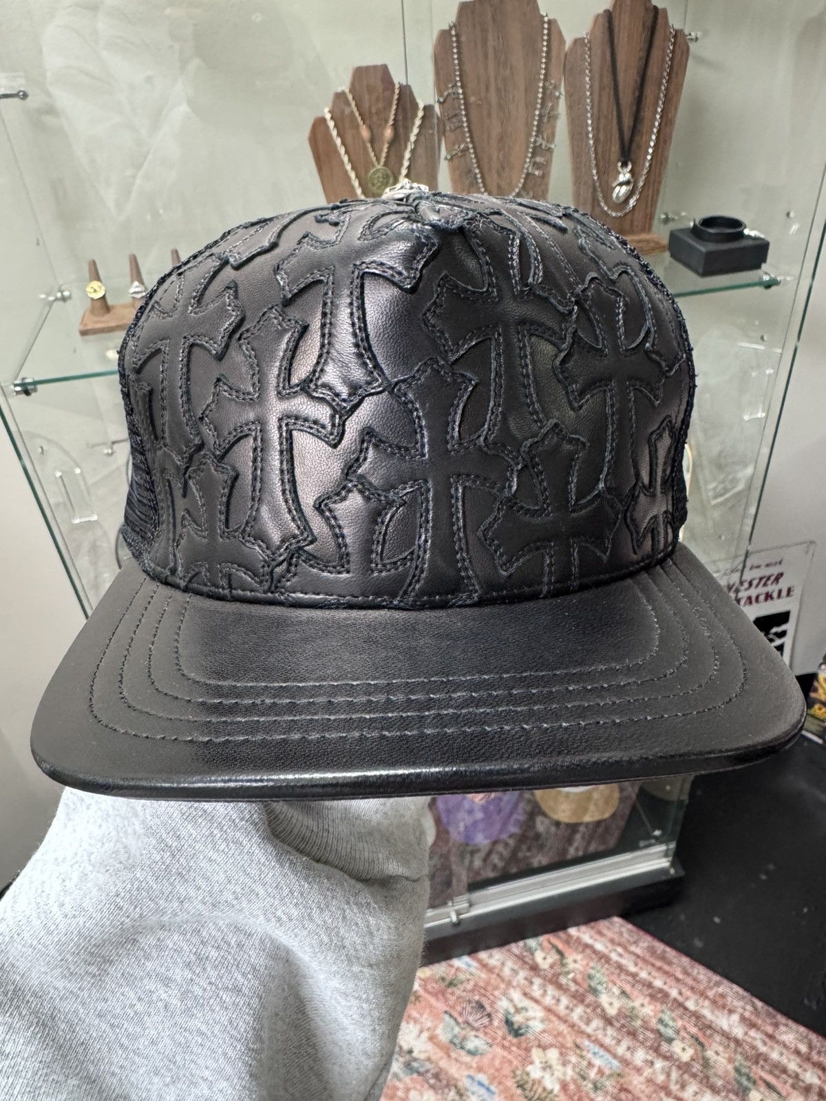 Chrome Hearts Cemetery Cross Patch Leather Trucker Hat