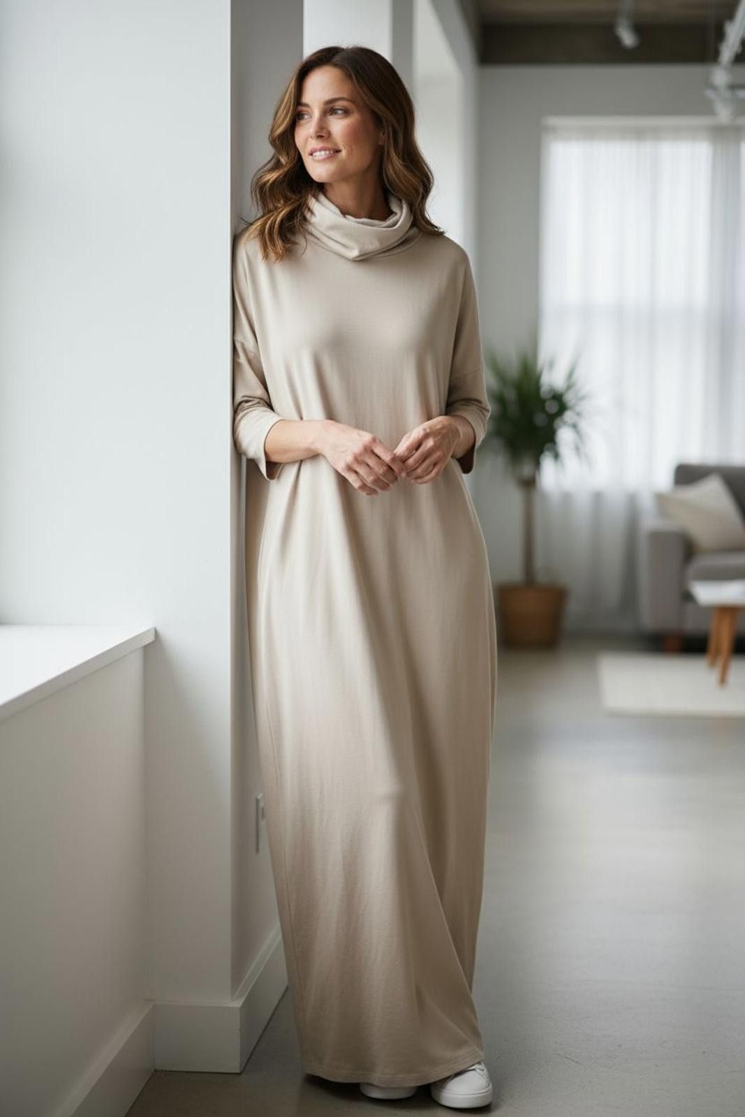 Other Livaldi Beige Long Sleeve Maxi Dress with Cowl Neck Size M / US 6-8 / IT 42-44 - 2 Thumbnail