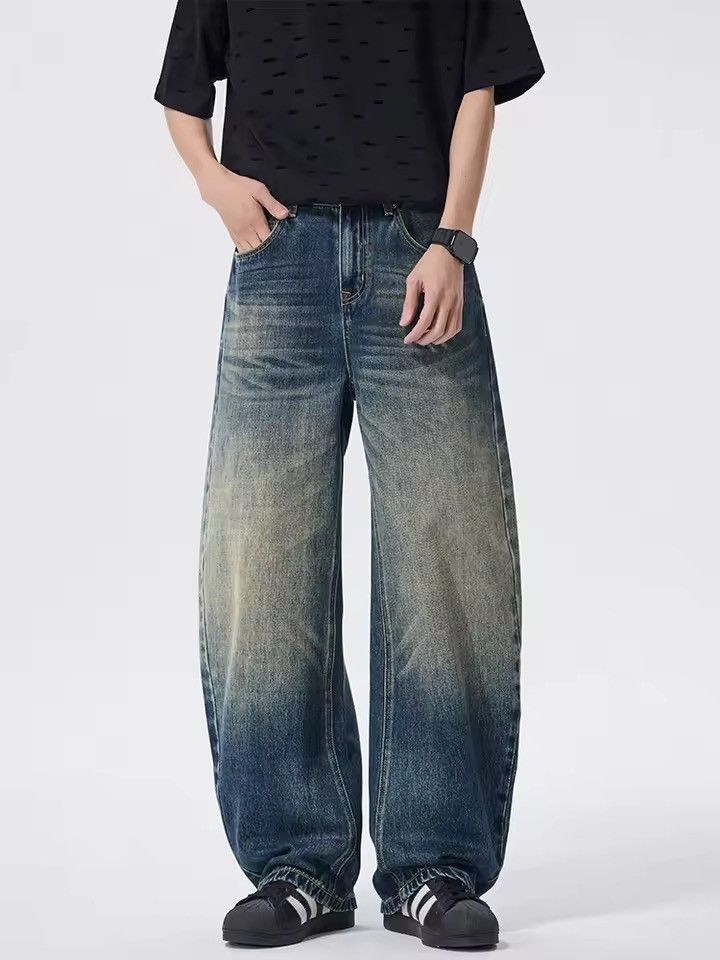 Jean Blue Washed Baggy Denim Jeans, Loose Wide Leg Jeans Size US 33 - 3 Thumbnail