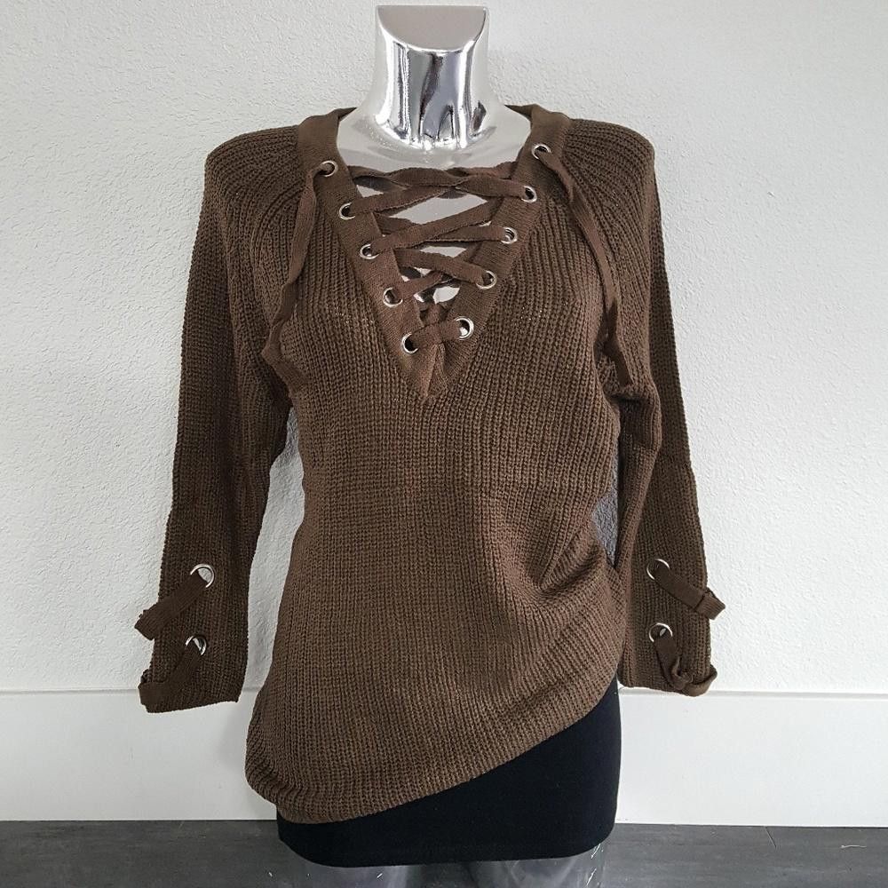 Designer Chocolate Laced Up Sweater Long Sleeve Size ONE SIZE - 1 Thumbnail