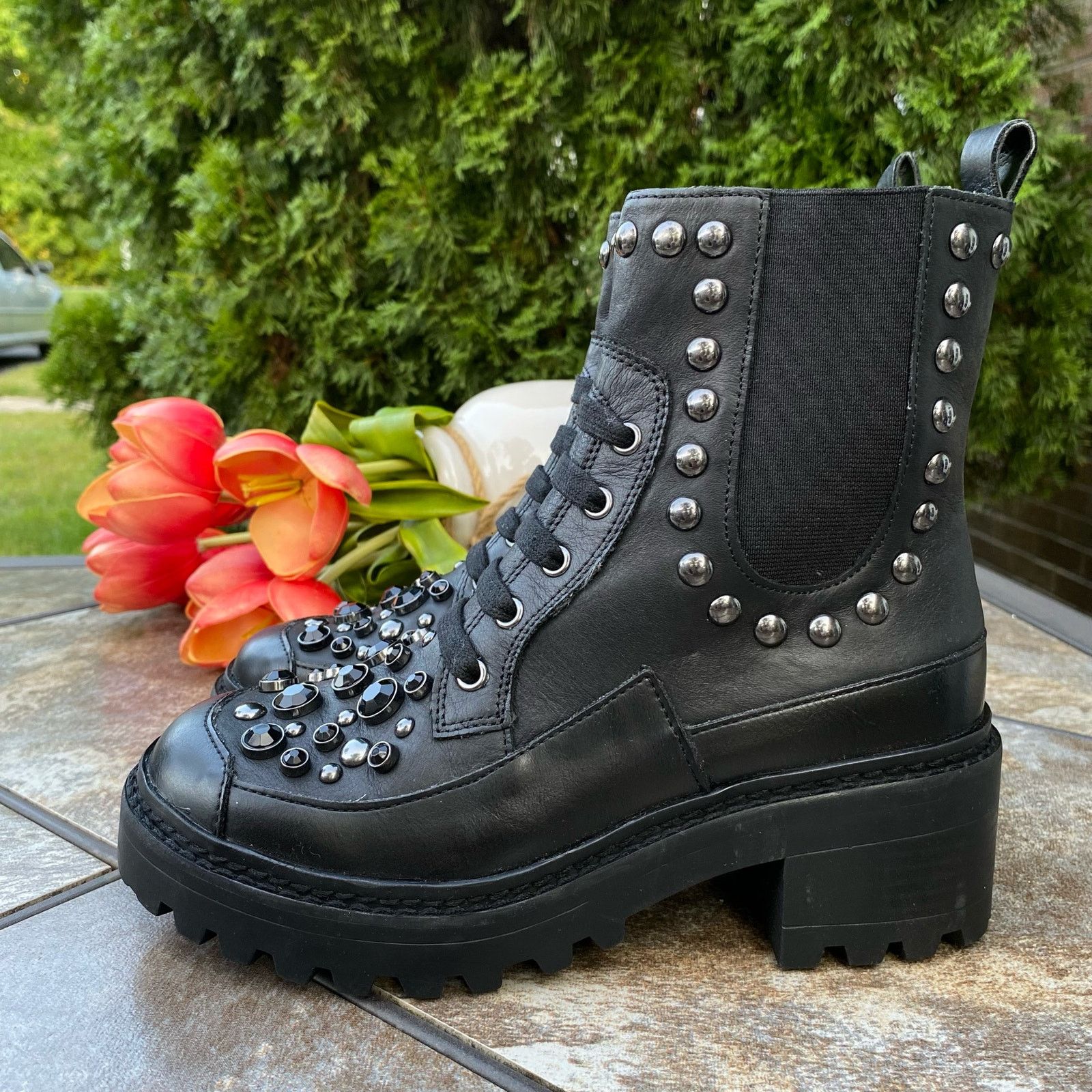 Karl Lagerfeld New KARL LAGERFELD Black Breck Studded Leather Moto Bootie Size US 6 / IT 36 - 2 Thumbnail