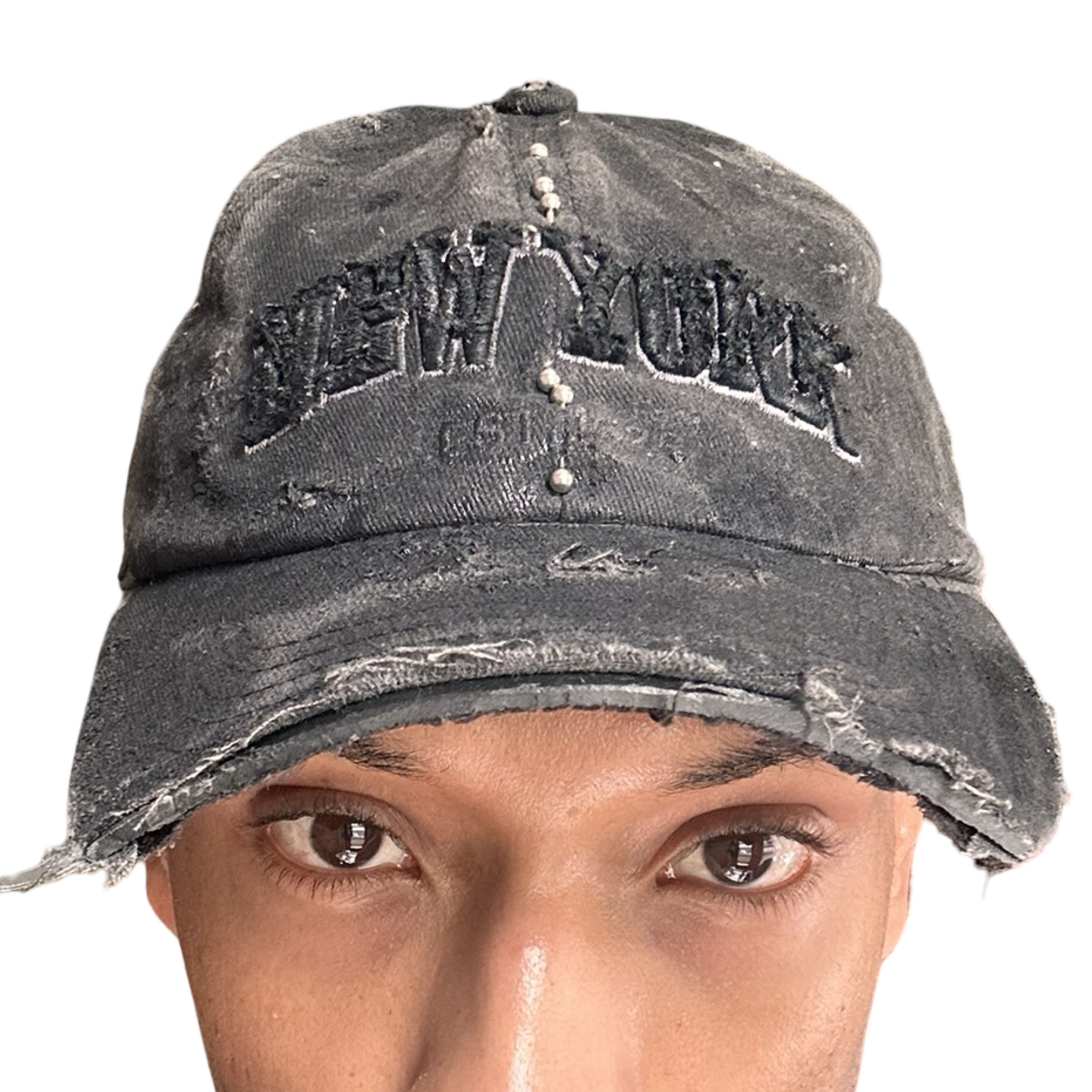 ASTROBOI* 'Kink' NYC Black Distressed Pierced Half Visor Hat