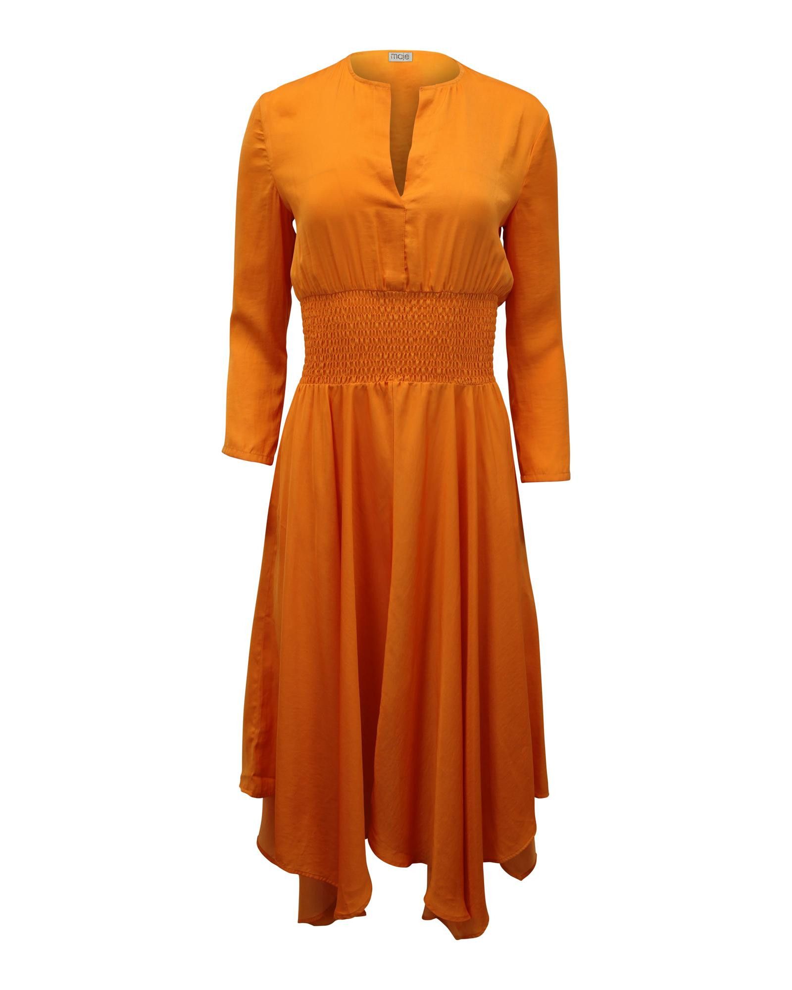 Image of Maje Chic Orange Asymmetric Midi Dress In Polyester, Women's (Size Small)