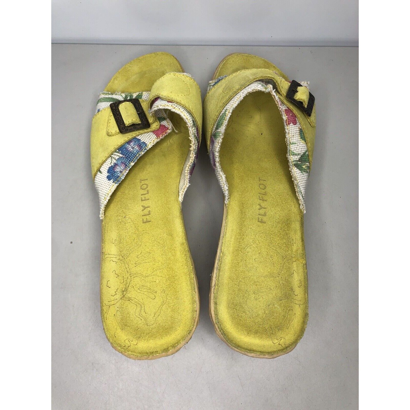 Other FLY FLOT Anti Shock Yellow Suede Floral Buckle Wedge Sandals Size US 10.5 / IT 40.5 - 5 Thumbnail