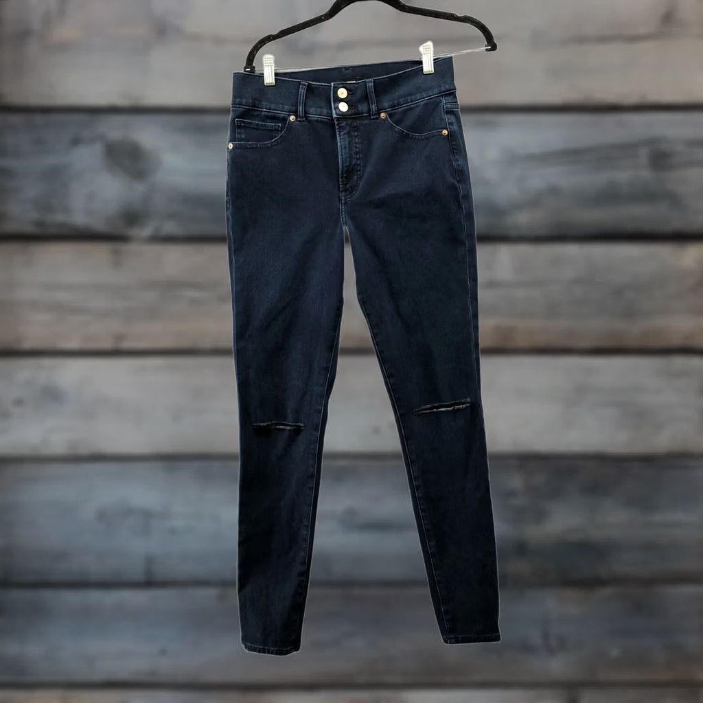Express Express High Rise Skinny Jean Womens Size 8L Dark Wash Blue Distressed Knee Size 30" / US 8 / IT 44 - 1 Thumbnail