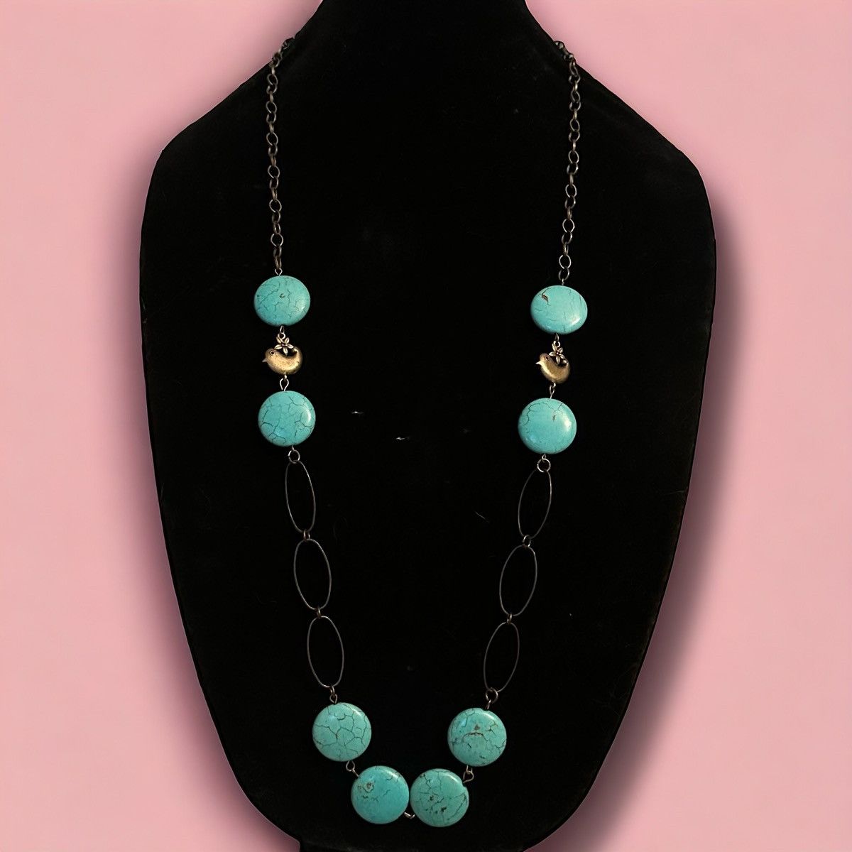Vintage Vintage long bronze tone links, turquoise and birds necklace Size ONE SIZE - 1 Thumbnail