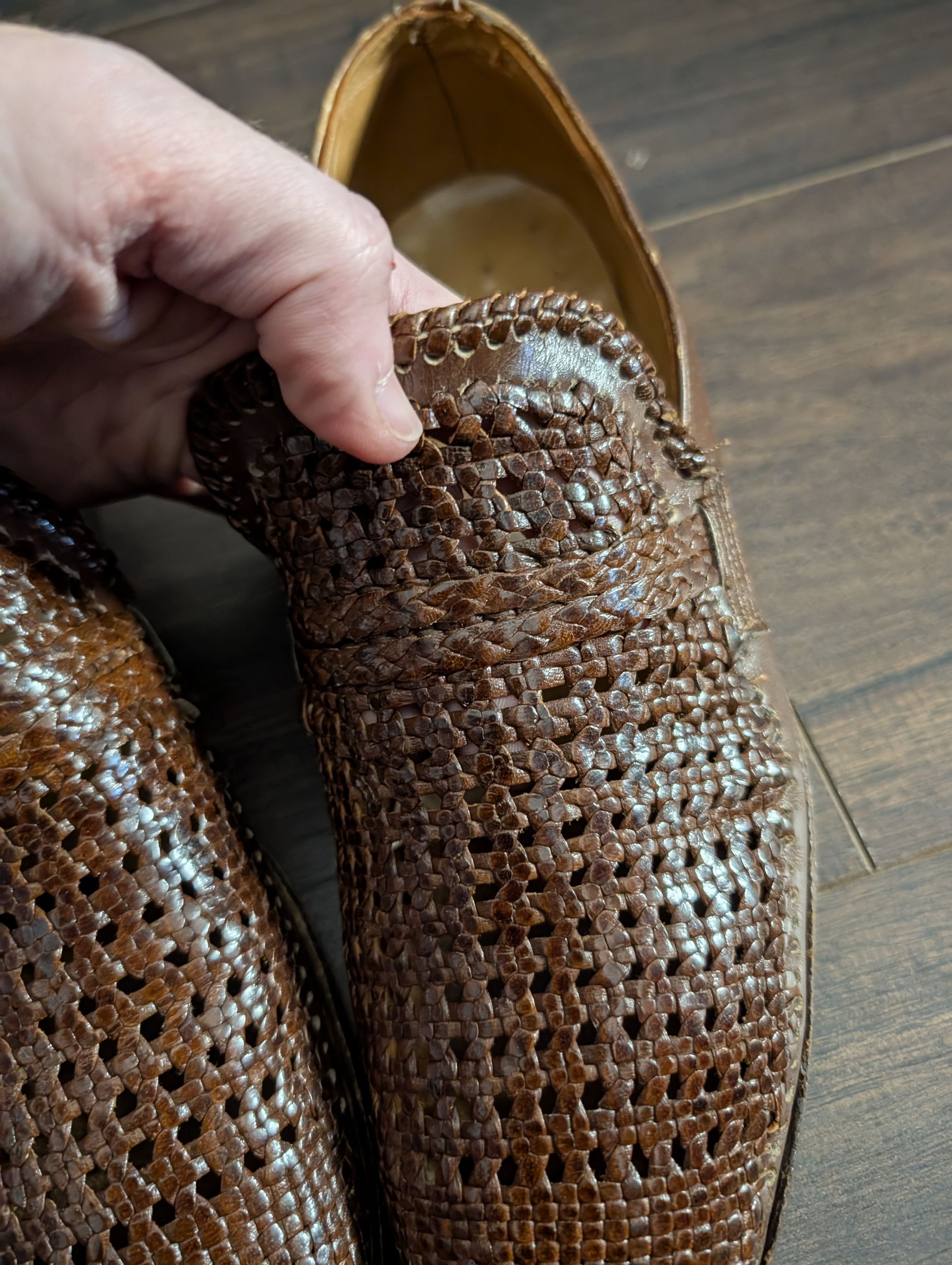 Vintage French VTG Hand-braided handmade leather loafers Size US 8.5 / EU 41-42 - 5 Thumbnail