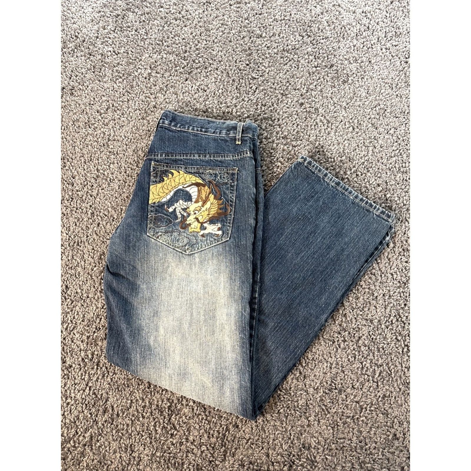 Vintage VINTAGE 96 North Jeans Mens 36x32 Blue Denim Baggy Relaxed 90s Wide-Leg Chinese Dragon Embroidered 96 North Mens Size US 36 / EU 52 - 2 Thumbnail