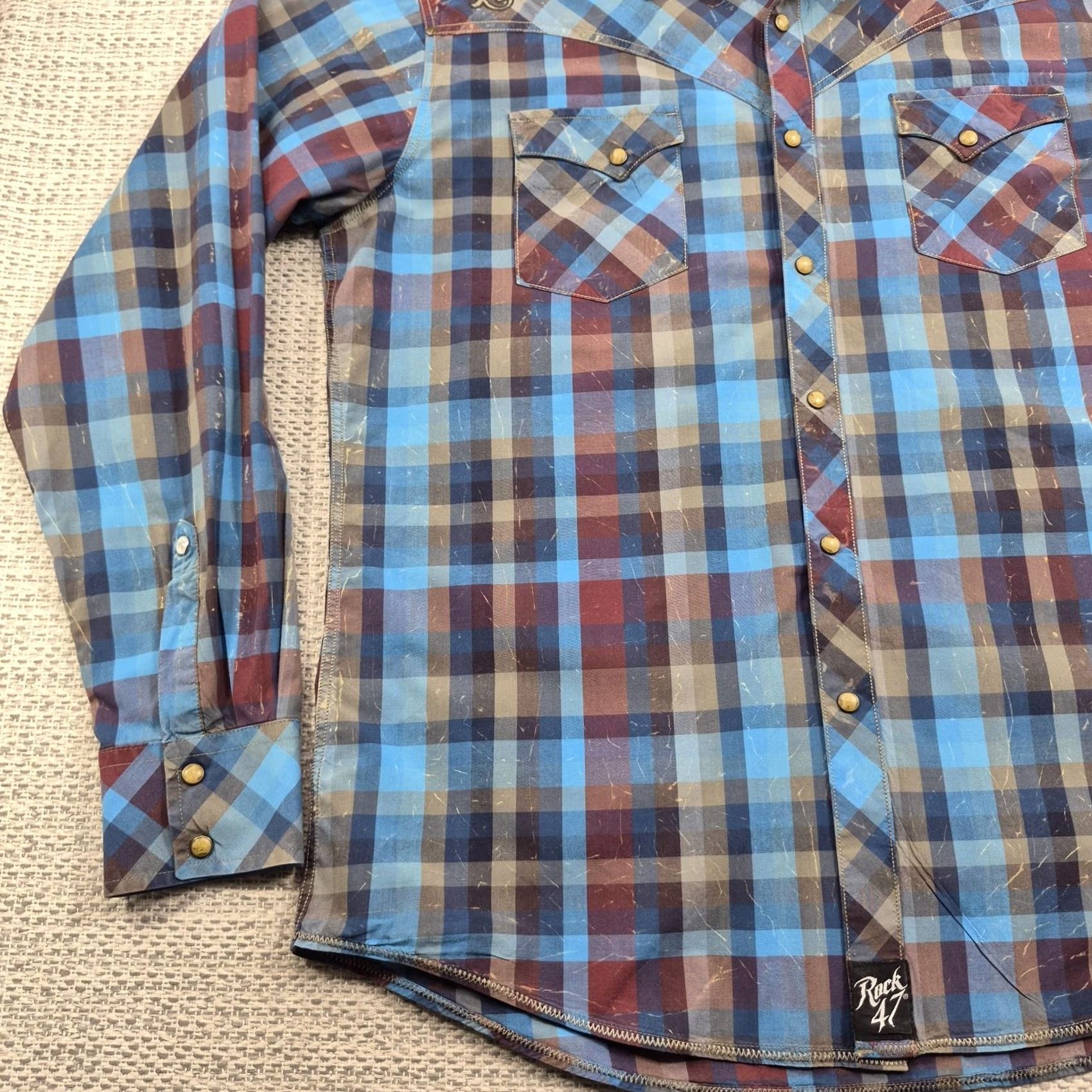 47 Rock 47 Wrangler Shirt Mens XL Blue Plaid Long Sleeve Western Snap Embroidered Size US XL / EU 56 / 4 - 3 Thumbnail