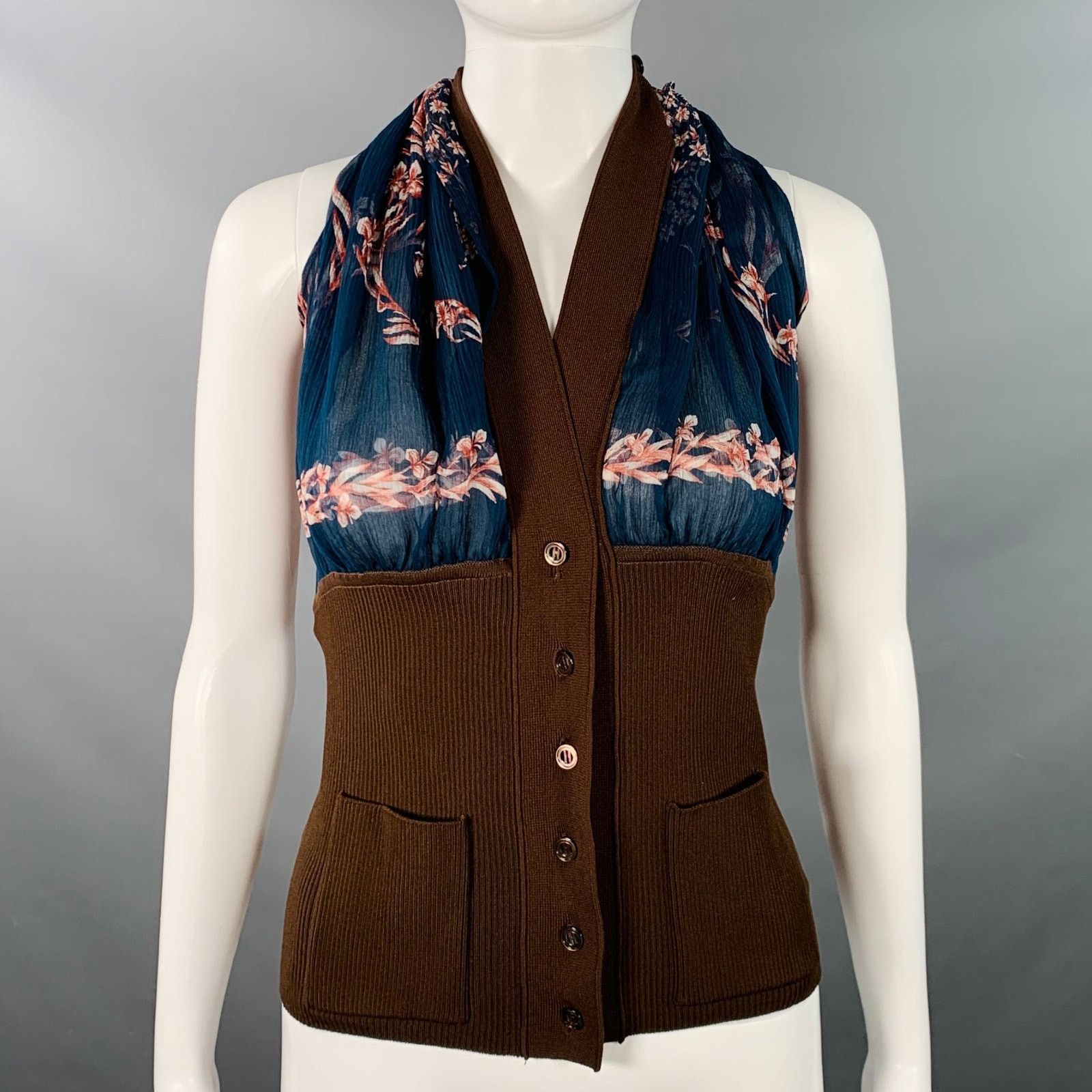 Hermes Brown Cobalt Viscose Blend Silk Scarf Halter Dress Top Size S / US 4 / IT 40 - 1 Thumbnail
