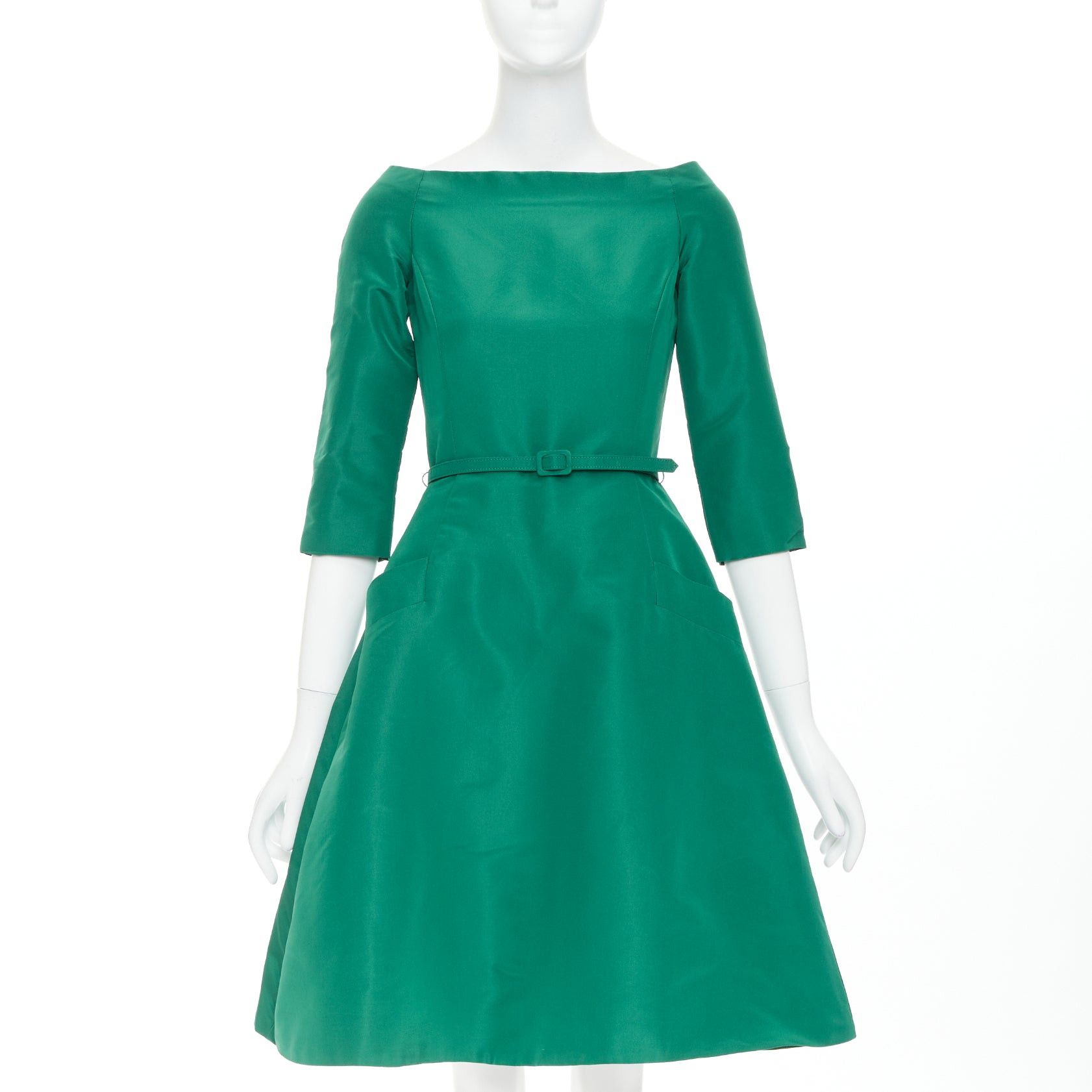 OSCAR DE LA RENTA F17 kelly green silk taffeta bateau neck belted fit flare dress US0 XS