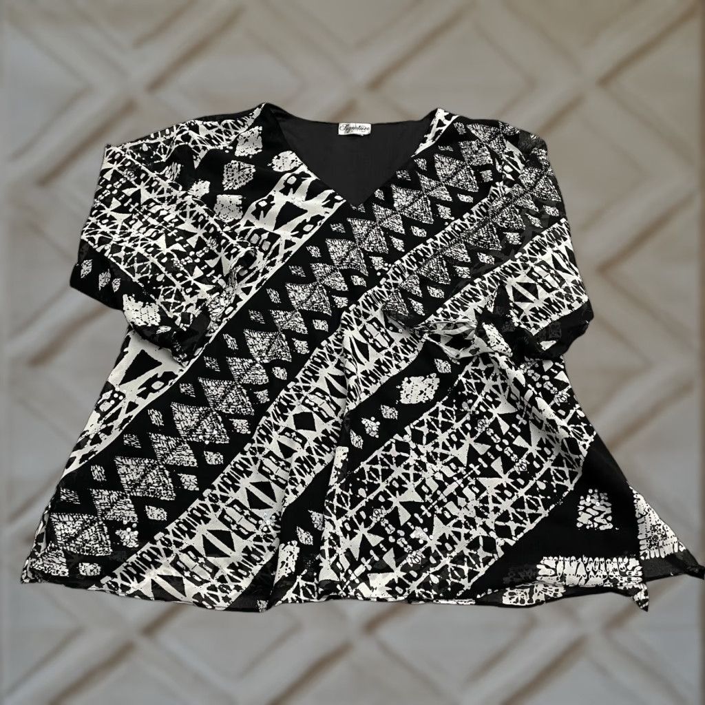 Vintage Signature JMB Blouse Womens 1X Black White Geometric V-Neck Sequin Casual Size XL / US 12-14 / IT 48-50 - 1 Thumbnail