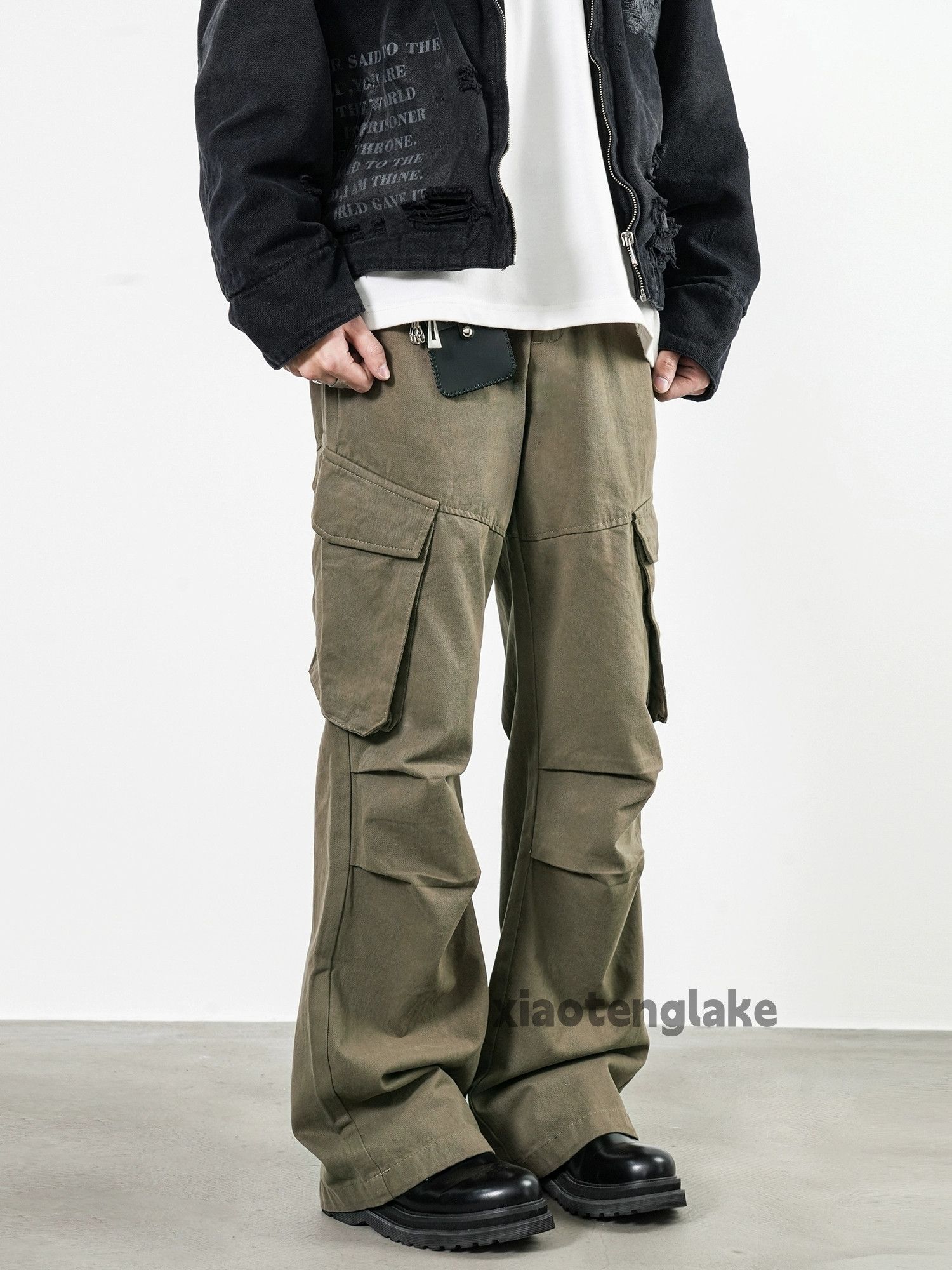 washed faded military outdoor pleated flared cargo pants