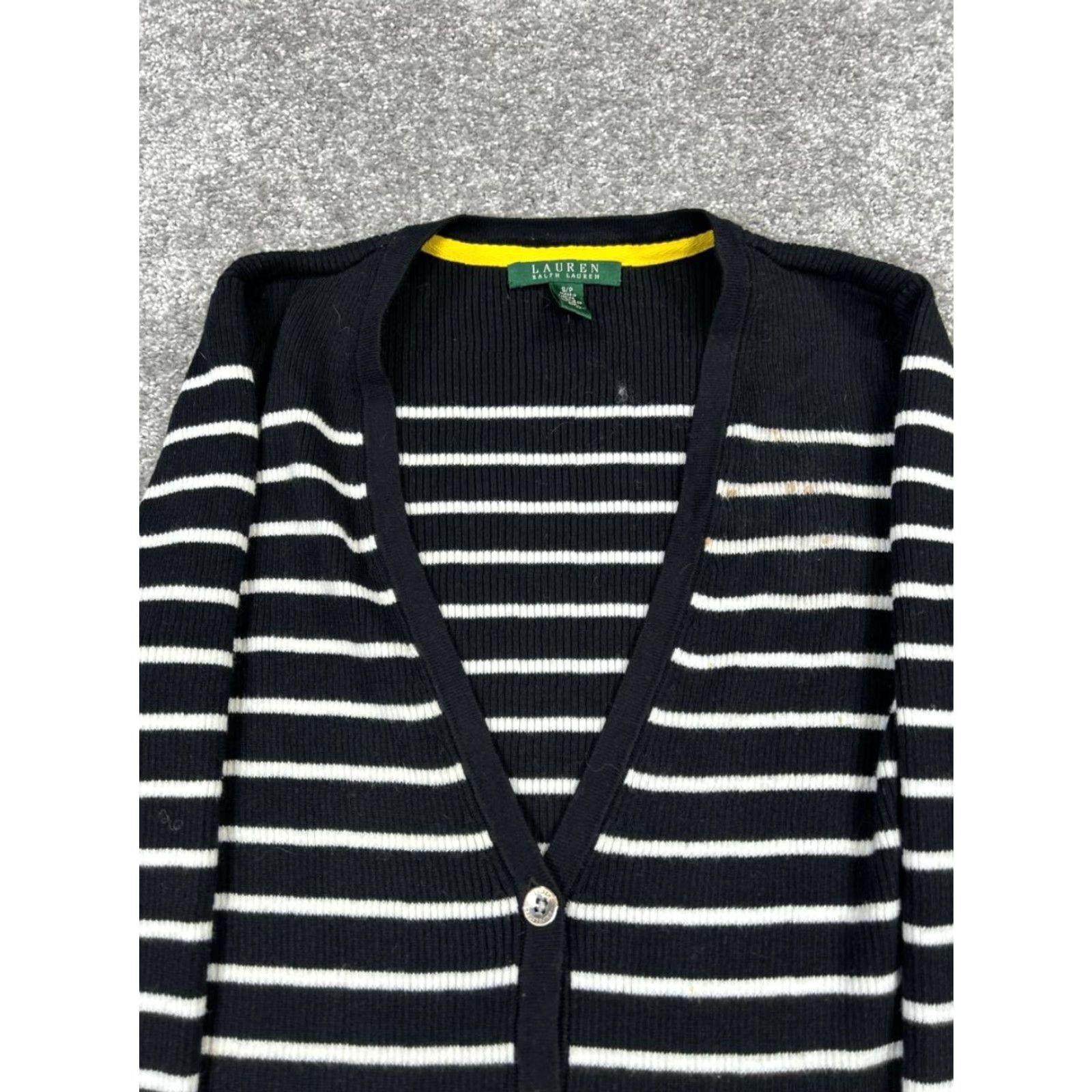 Ralph Lauren Lauren Ralph Lauren Sweater Cardigan Womens S Black White Yellow Knit Striped V-Neck Long Sleeve Cotton Casual Regular Vintage No (note: avoid N/A). Size S / US 4 / IT 40 - 2 Thumbnail