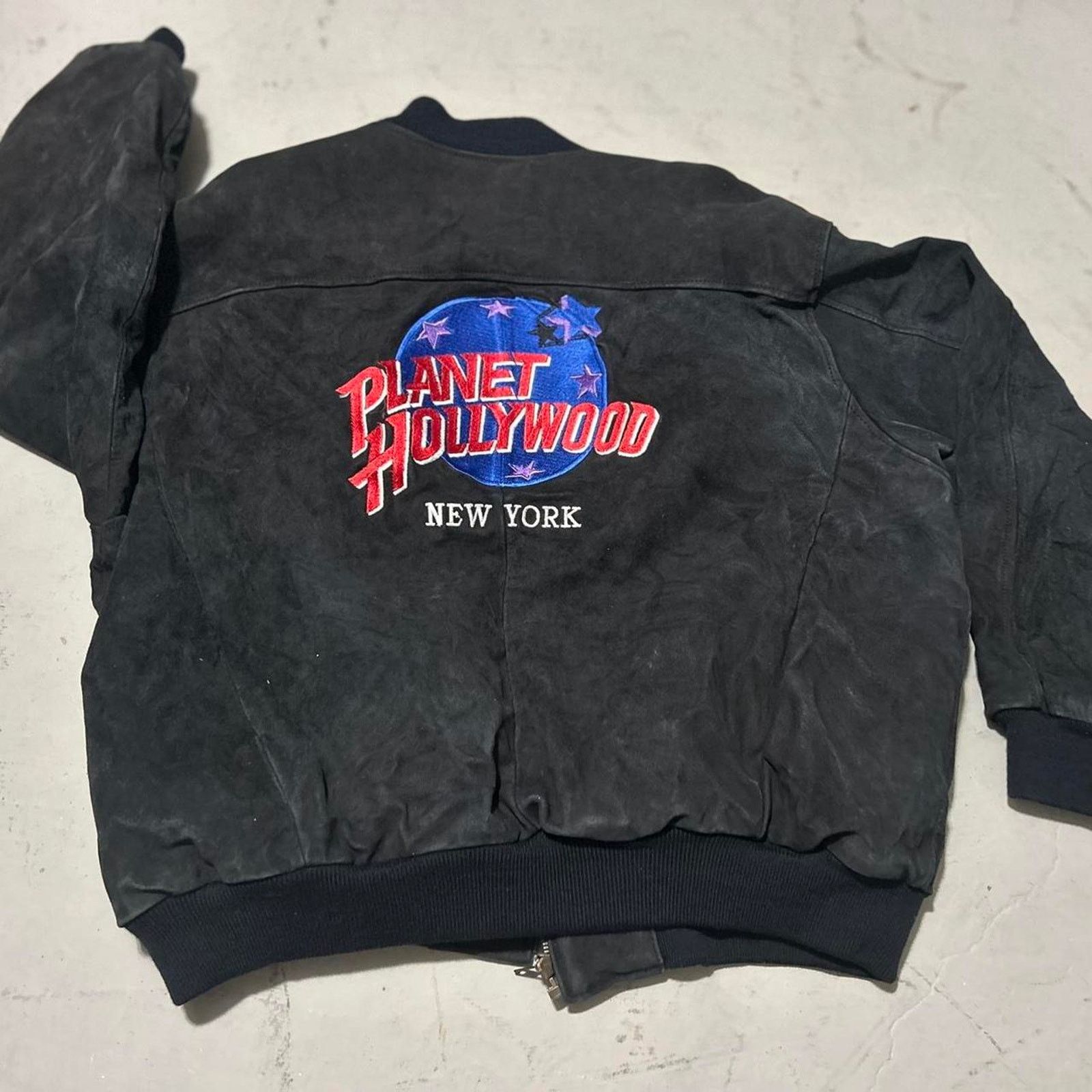 **Vintage Planet Hollywood Black Suede Leather Bomber Jacket