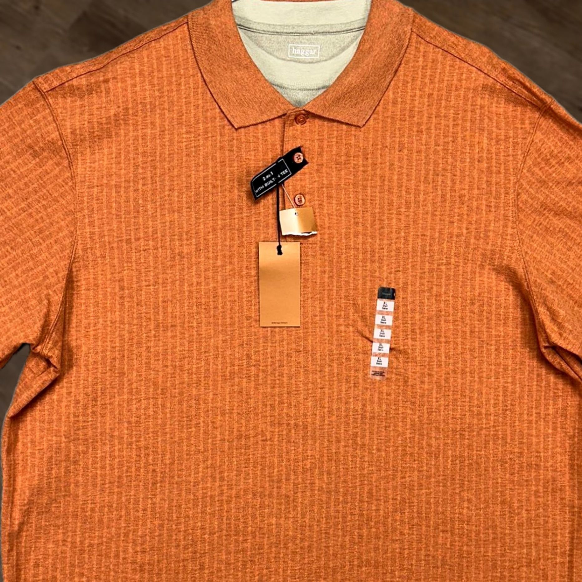 Haggar VINTAGE Haggar 2n1 Polo Shirt Mens XL Built In Tee Orange Striped Knit Rugby, 2n1 Built In Tee, Polo, Short Sleeve, Chest 51, Length 31, NEW Size US XL / EU 56 / 4 - 1 Thumbnail