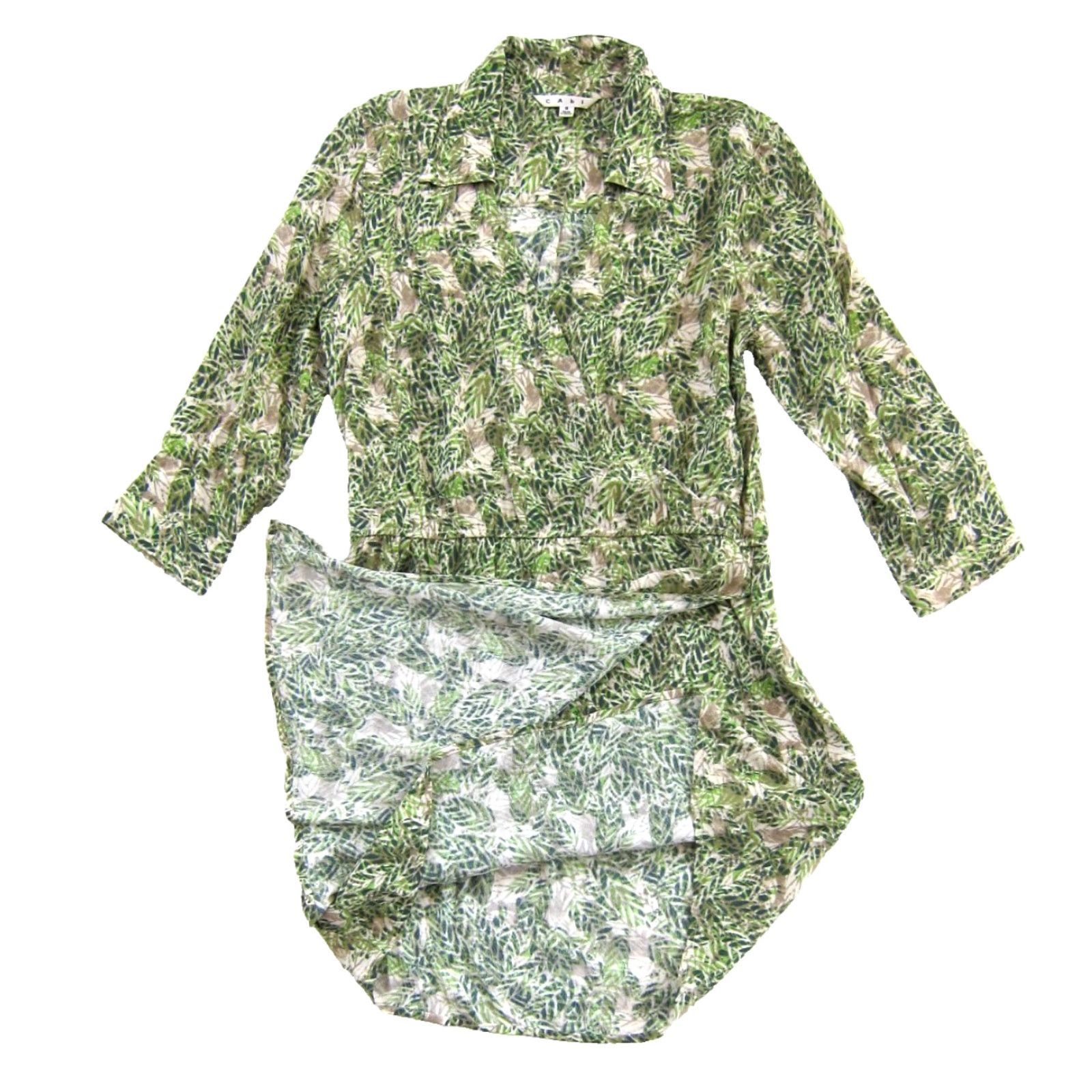 Vintage CAbi Dress 3/4 Sleeve Collared V-Neck Wrap 100% Rayon Green Brown Small Women's Shirt Dress Size S / US 4 / IT 40 - 4 Thumbnail
