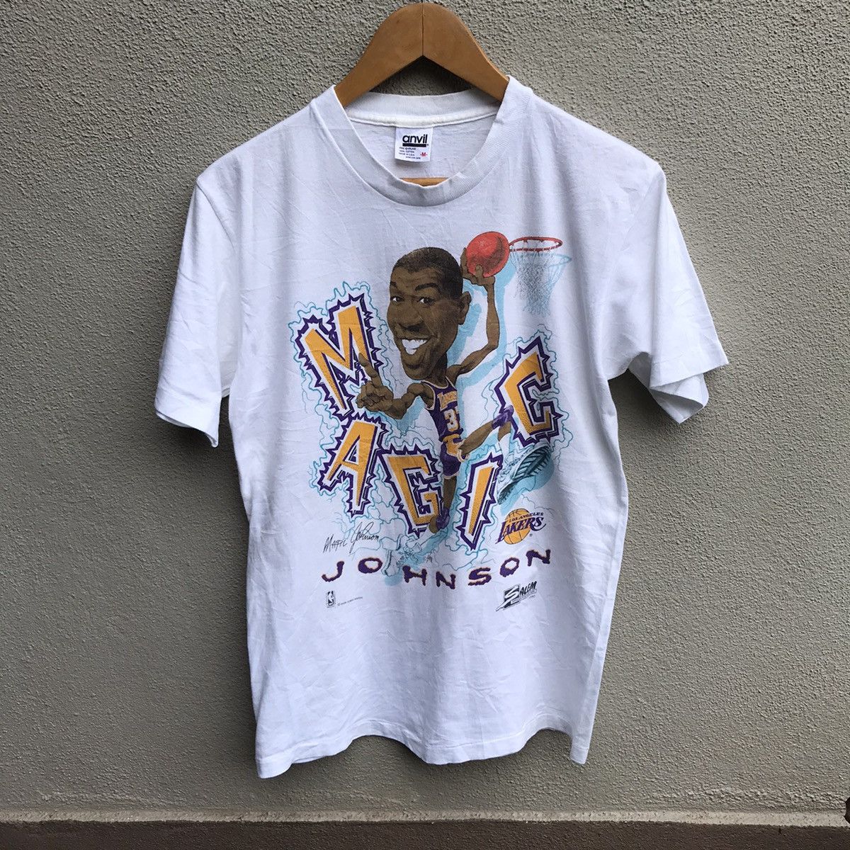 image of L A Lakers x NBA Vintage 90's Magic Johnson Nba Tee Lakers in White, Men's (Size Medium)