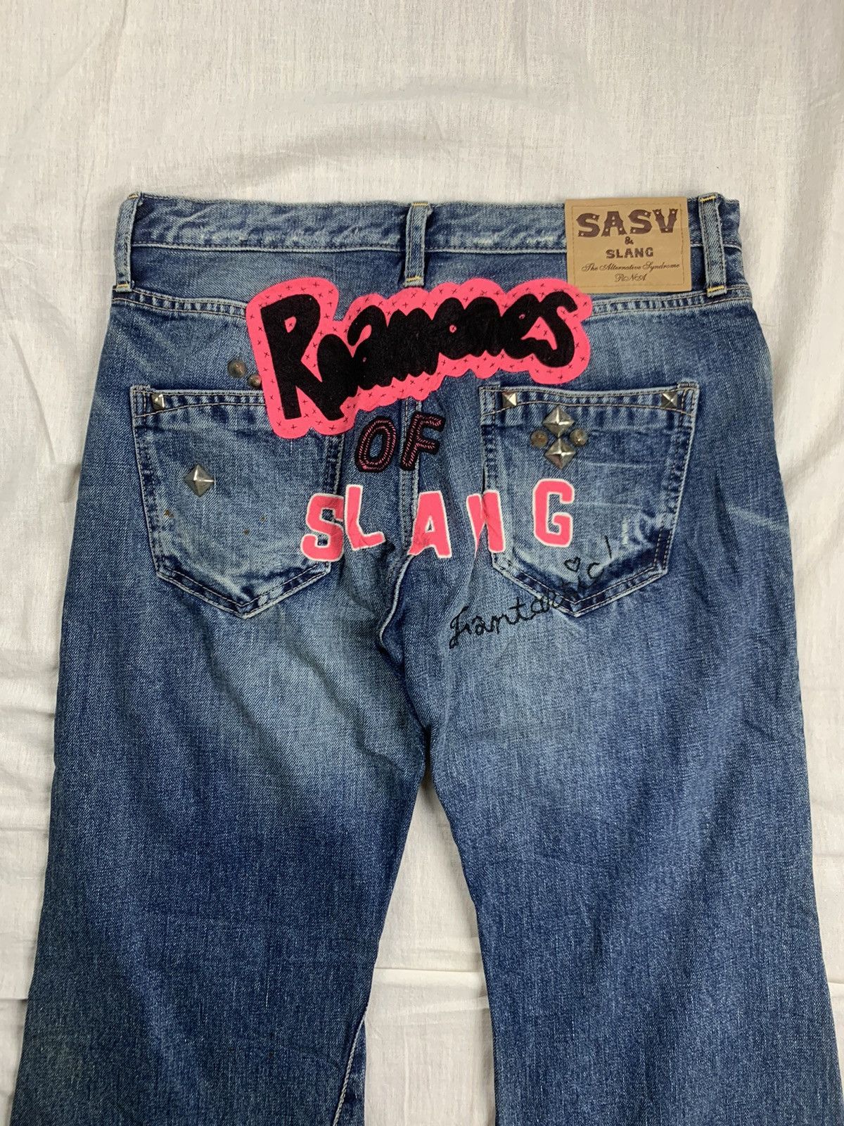 If Six Was Nine × Japanese Brand × Le Grande Bleu (L.G.B.) Rna Slang Studded Distressed Flared Pants Size US 31 - 6 Thumbnail